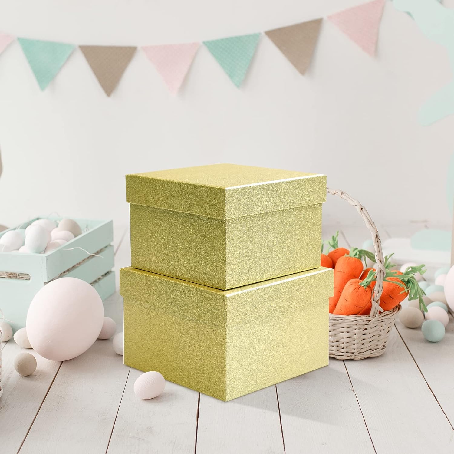 PAPER FAIR 5PCS Bright Gold Glitter Nesting Gift Boxes Set, Flat Square Cardboard Storage Organizer Keepsake Box with Lid Durable Reusable, for Gift Wrapping Holiday Present Christmas Birthday,