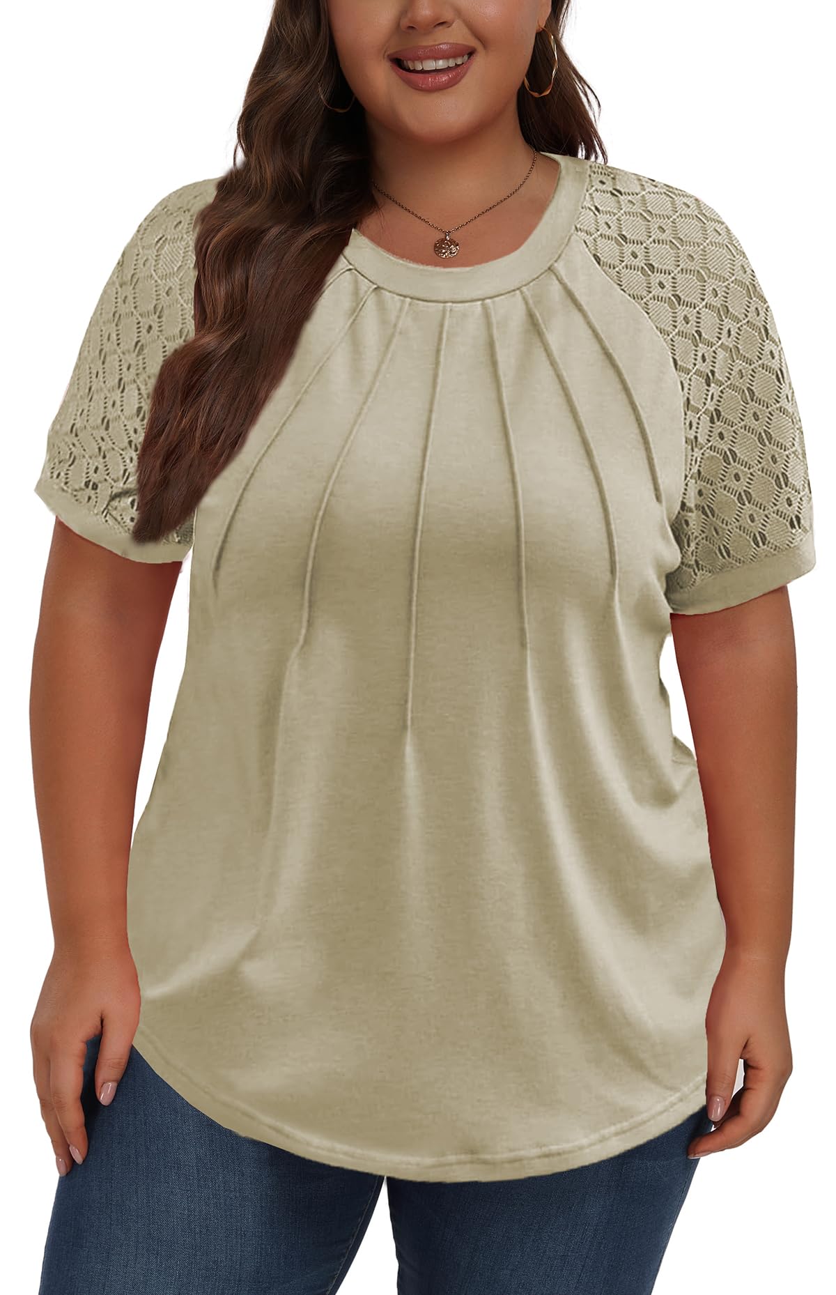 ForHailey Women's Plus Size Lace Shirt Short Sleeve Round Neck Tops Basic Ladies Loose Fit T Shirt