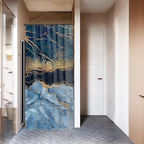 Cortina de ducha de mármol, juego de cortina de ducha de mármol azul, abstracto de lujo azul dorado con textura de vetas de mármol para baño, tela