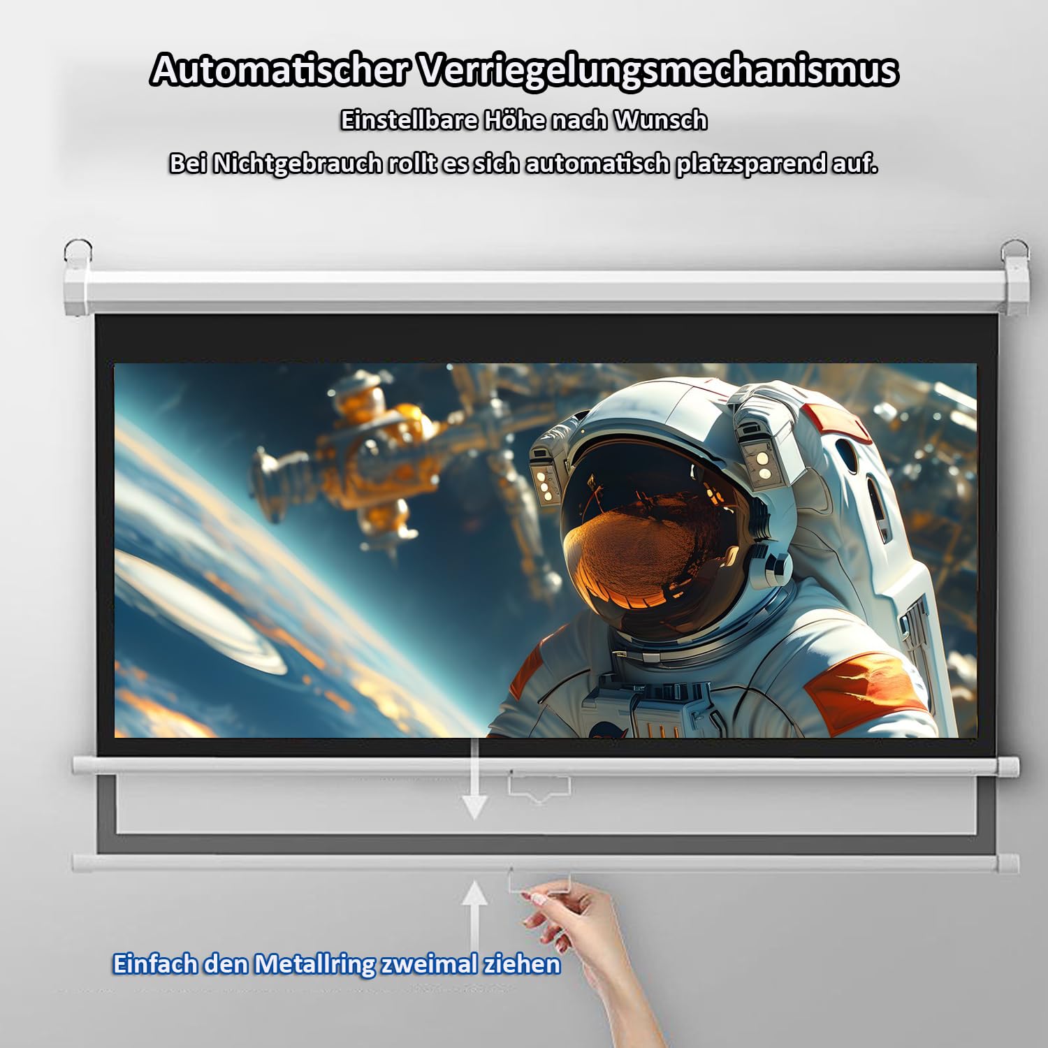 INMOZATA Leinwand Beamer Rollo 234cm, Bild 221 x 124 cm(100 Zoll), Format 16:9, Deckenmontage & Wandmontage Projektor Leinwand für Heimkino Büro Treffen Schule Präsentationen-Weiß Gehäuse