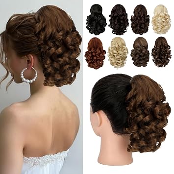 Ponytail Extension, 9" Claw Clip in Short Curly Wavy Pony Tails Hair Extensions Jaw Clip on Ponytail Hairpiece for Women Light Brown