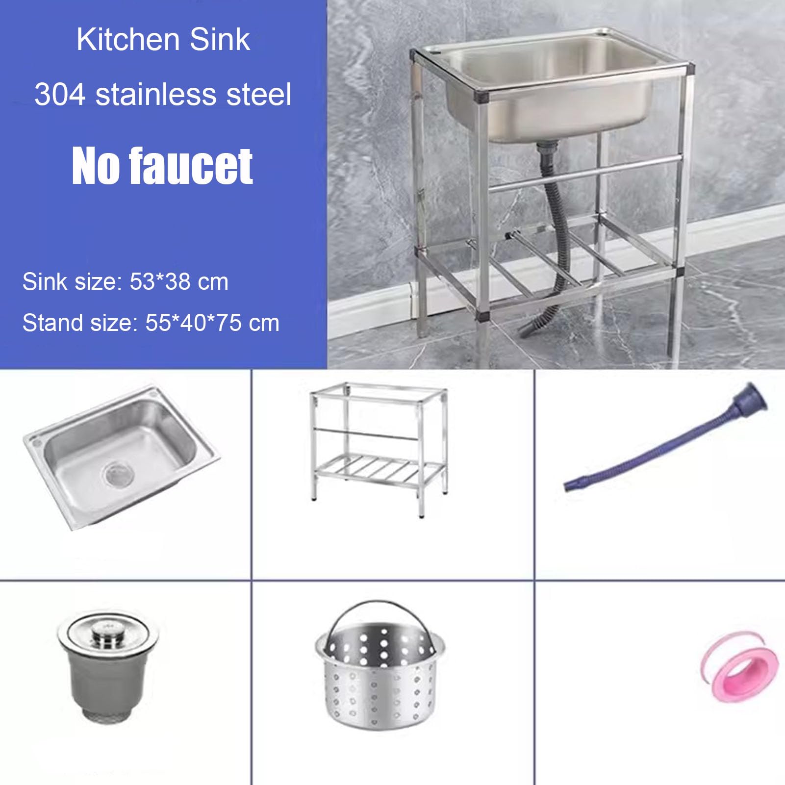 Fregadero de acero inoxidable multifuncional para cocina y jardín, portátil y con grifo - Ideal para camping (A,53×38cm)
