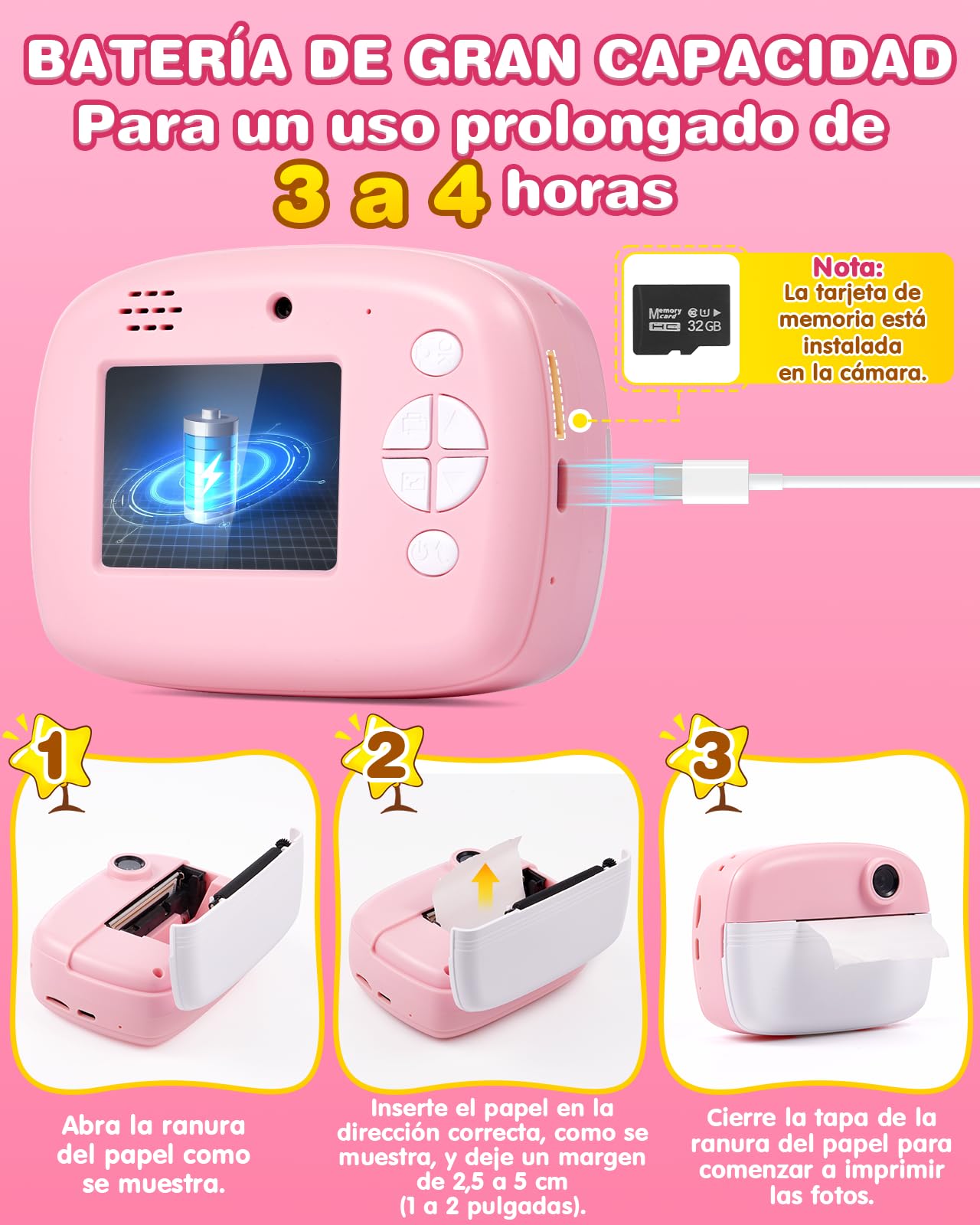 Camara Fotos Infantil Instantanea, 48MP 1080P Cámara Instantánea para Niños con Tarjeta de 32G y 4 Rollos Impresora, Maquina Fotografia Instanea Regalo de Juguete para Criança de 3 a 12 Años