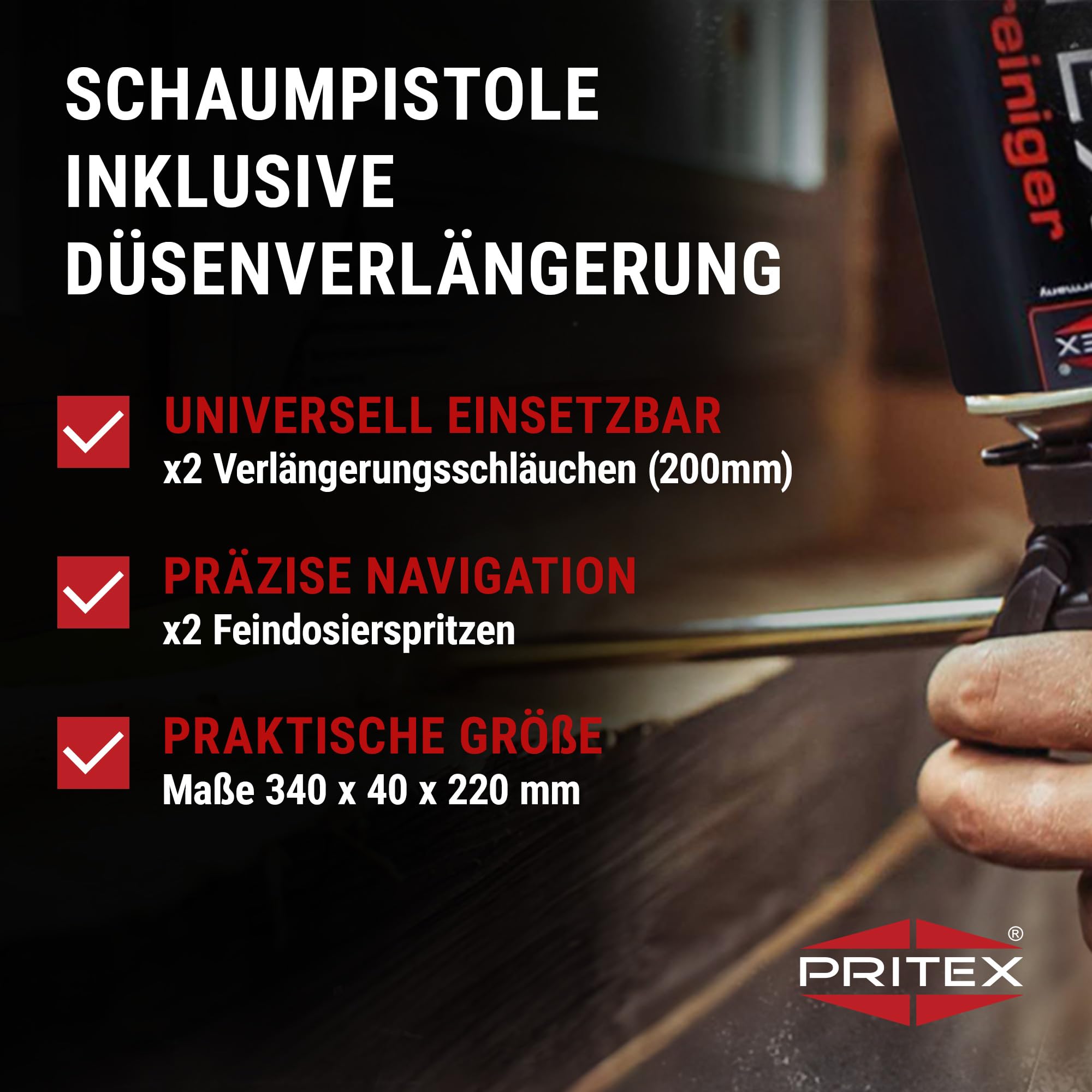 PRITEX – 1 x Schaumpistole inkl. Düsenverlängerung – Bauschaumpistole für Pistolenschaum, Bauschaum, Montageschaum uvm. – Metallpistole mit gummiertem Handgriff – Montagepistole für präzise Dosierung