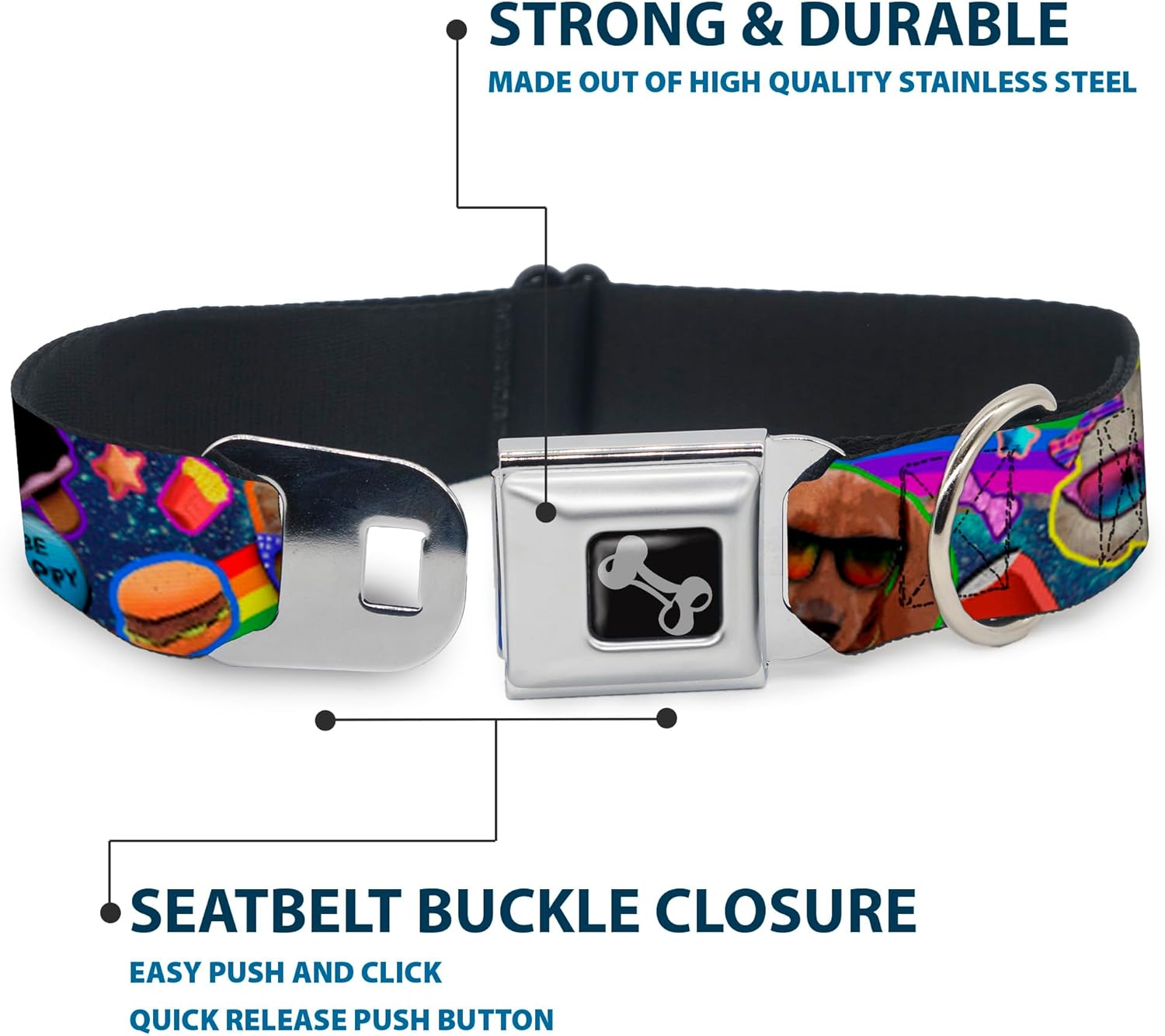 Buckle-Down Seatbelt Buckle Dog Collar - Pets & Snacks Rainbow Collage - 1.5" Wide - Fits 16-23" Neck - Medium