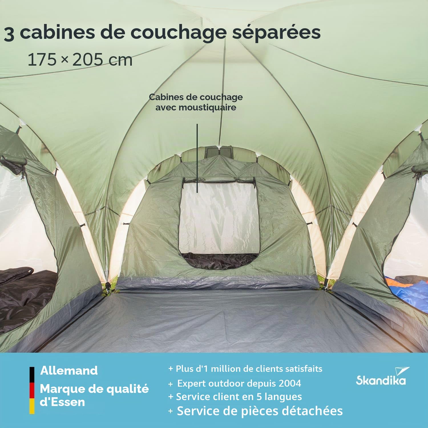 Skandika Tente dôme Daytona 6 Personnes | Tente familiale avec 3 cabines de Couchage, Colonne d'eau 3000 mm, Hauteur 195 cm, moustiquaires, Store banne | Tente de Camping pour Famille, Amis