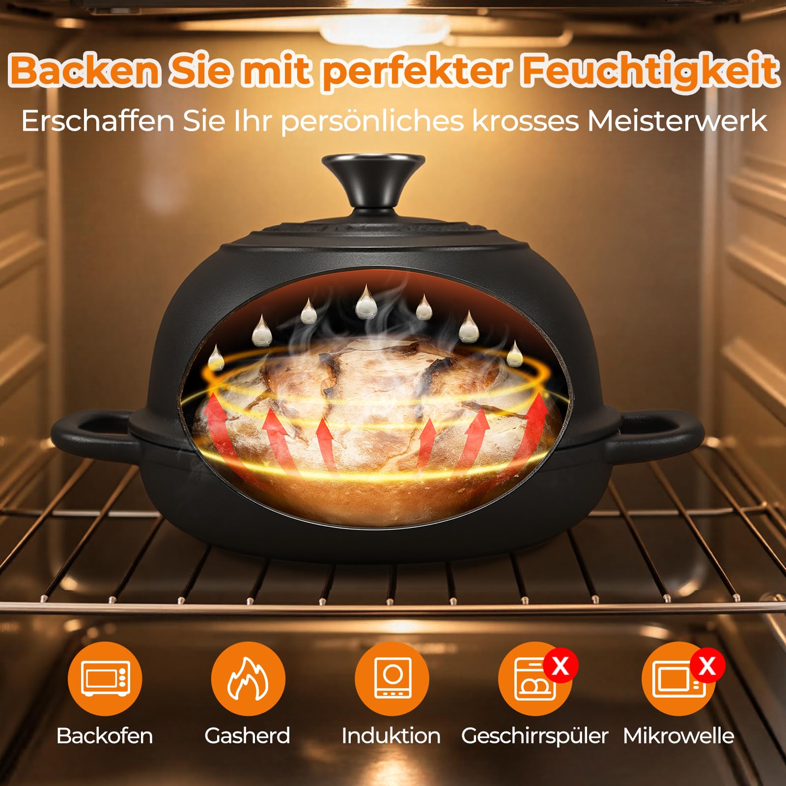 AHJ Eingebranntes Gusseisen Topf Brotbacken,4,7L/24 cm Dutch Oven | Brotbacktopf mit Deckel & Silikonmatte,Bräter Schmortopf für Sauerteig Brot,Backen Schmoren & Braten,Geschenk für Brotbäcker