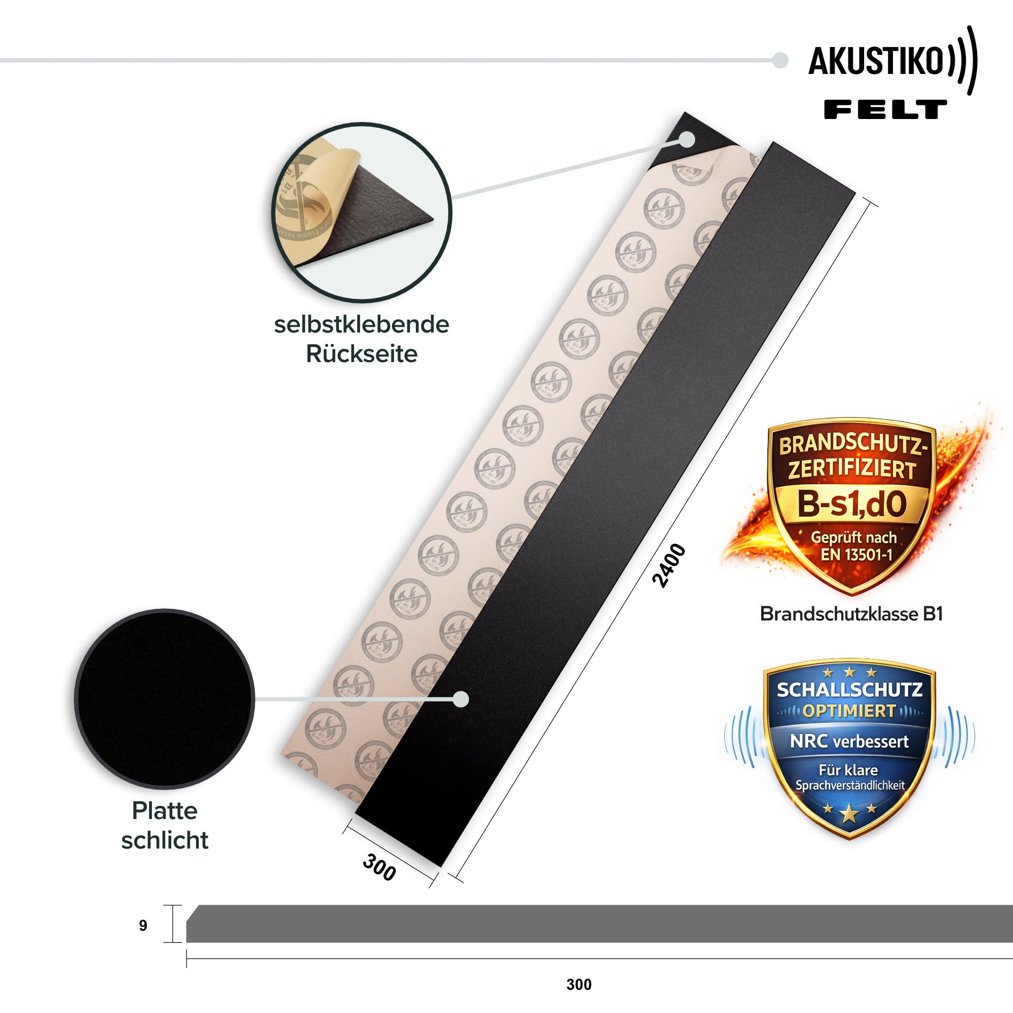 AKUSTIKO Akustikpaneele Selbstklebend 240x30cm - 8 Stück Schwarz Akustik Wandpaneele Brandschutzklasse B-s1-d0 Panels Filz 9mm Hexim Decken- & Wandverkleidung Raum Optimierung (5.76m²)