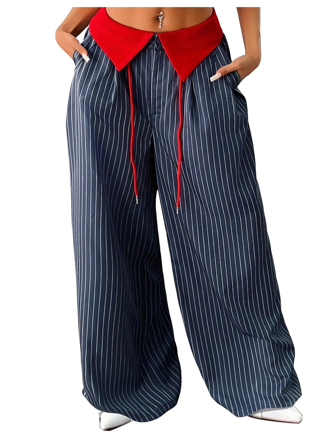 Verdusa Womens Striped Wide Leg Pants Baggy Long Trousers with Pockets Business Casual Pants