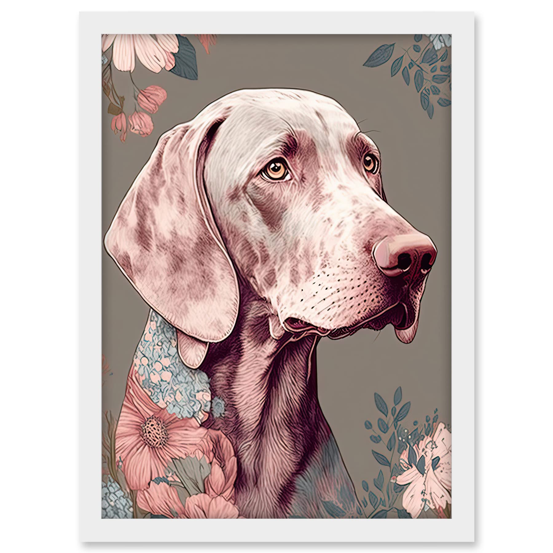 Artery8 Weimaraner Dog Portrait with Flower Patterns Modern Detailed Illustration Artwork Framed A3 Wall Art Print