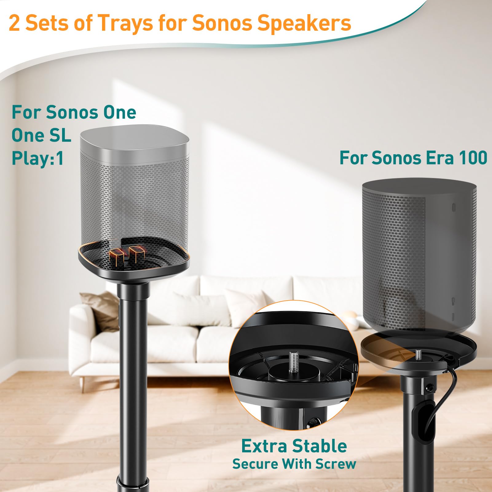 ELIVED Supporto per altoparlanti Sonos One, One SL, Play: 1, Era 100 altezza regolabile 86,8-110,3 cm, supporto per casse, 1 paio, EV5024