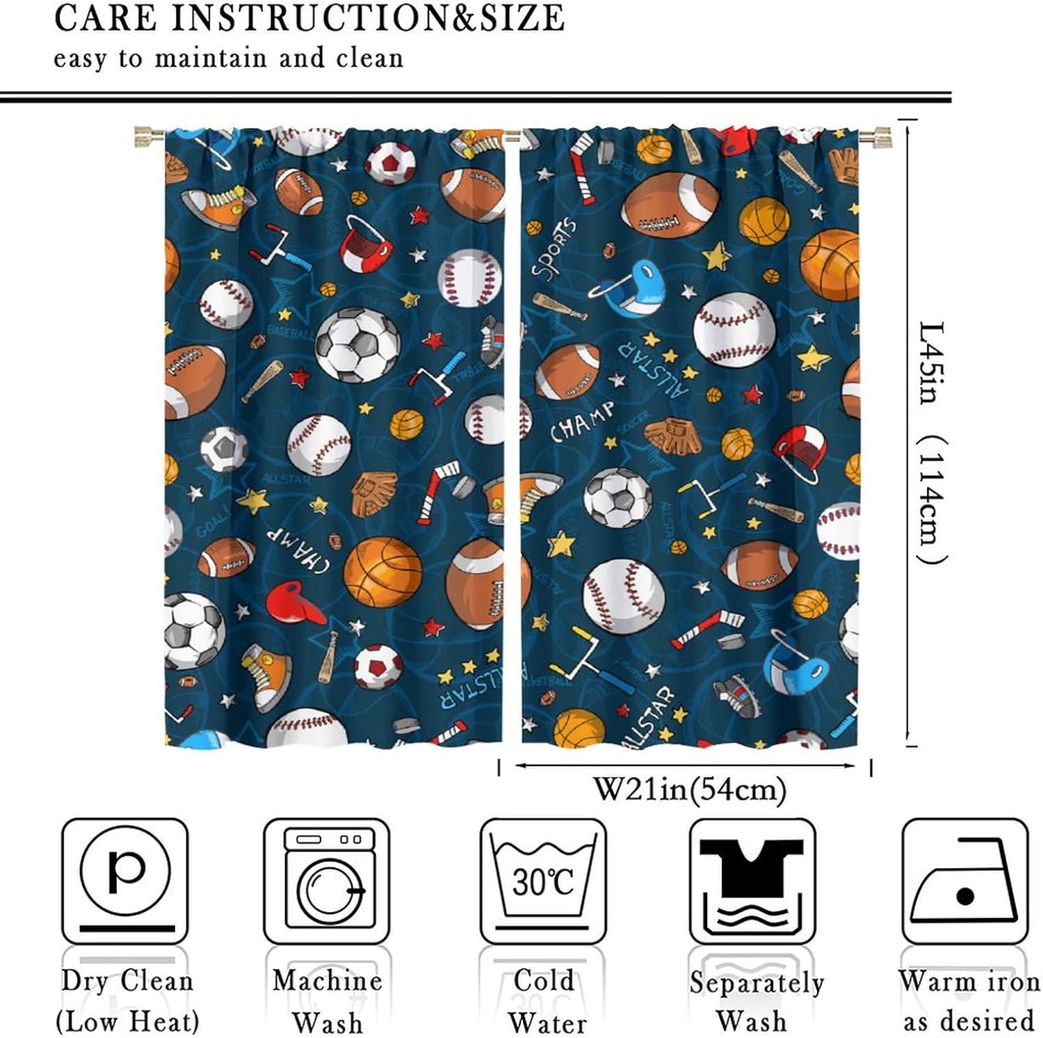 Kids Bedroom Window Curtains, Basketball Soccer Baseball Sports Theme Teenage Boys Home Living Room Blackout Curtains Set 2 Panels,42x45 Inches