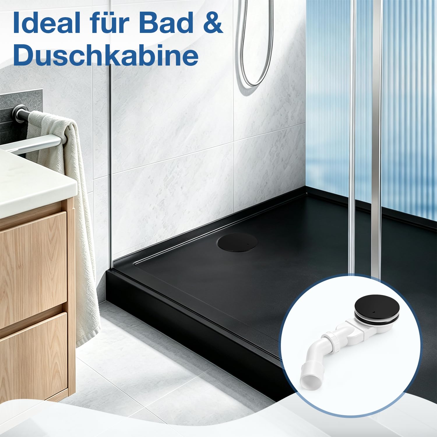 Bonde de douche Ø 90 mm noir mat pour receveur de douche en ABS