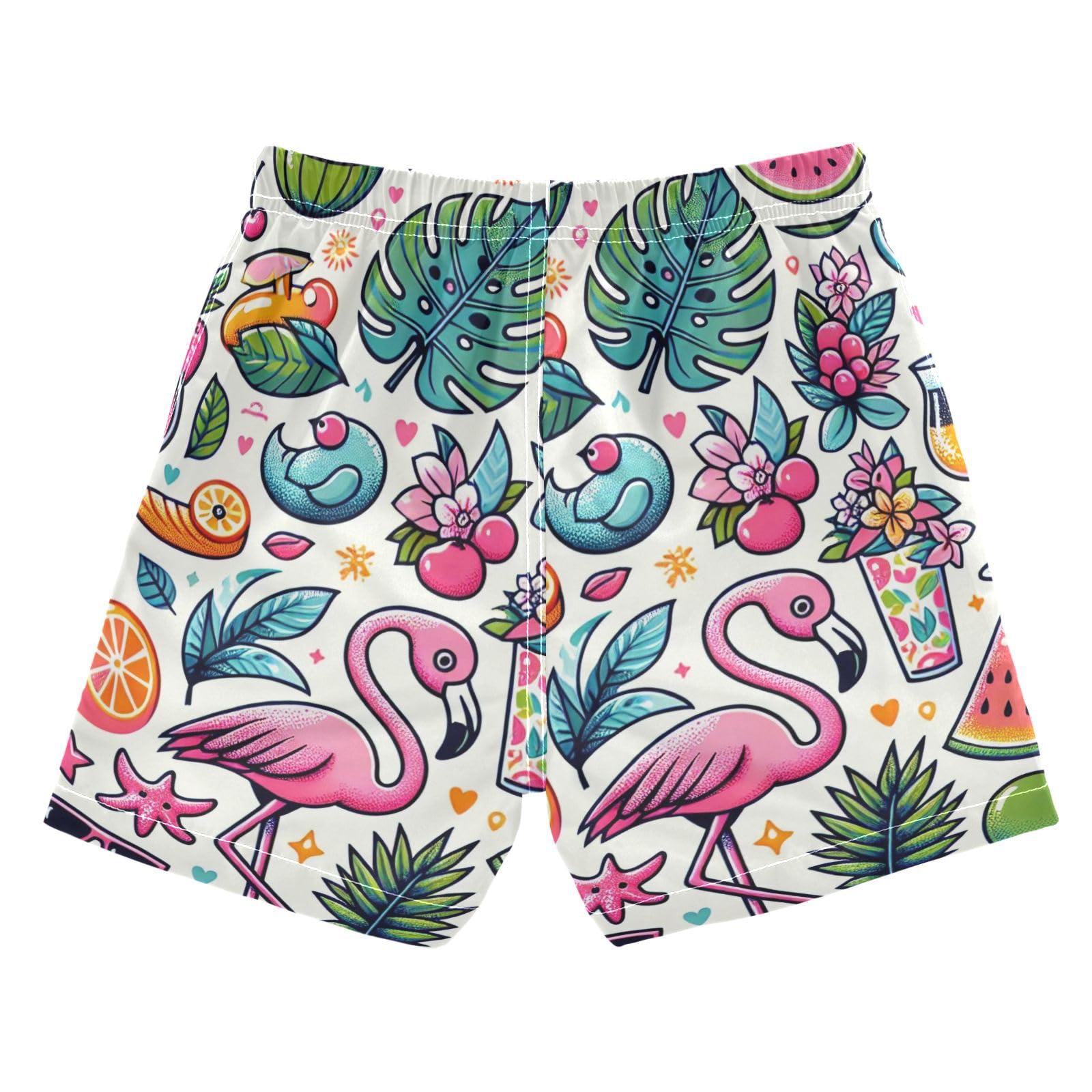 FLildon Tropical Leaves Fruits Flamingo Little Boys Swim Trunks with Mesh Lining Quick Dry Beach Board Shorts, 3T