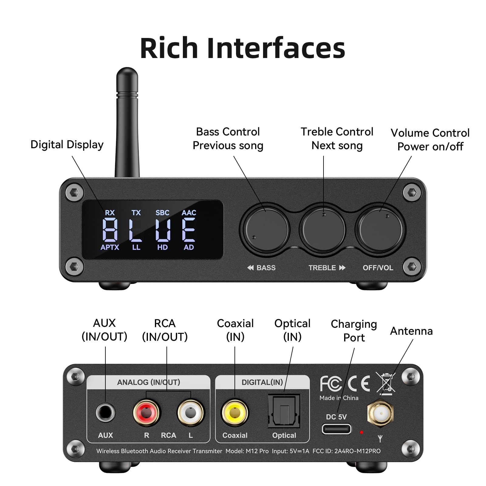 MOREGAX M12 Pro Pre Bluetooth 5.2 Transmitter Receiver for TV, Home Stereo, BT Headset, Low Latency HD Bluetooth Audio Decoder Adapter with Display, RCA, 3.5mm AUX, Coaxial, Optical Inputs/Outputs