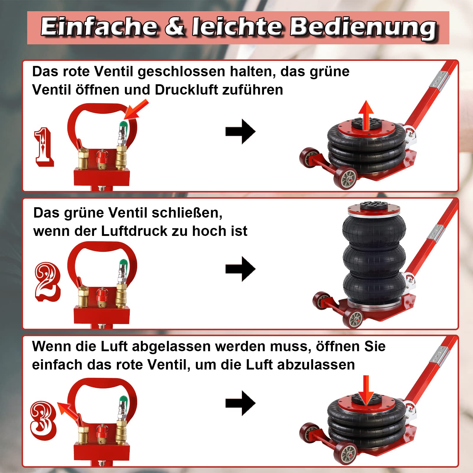 3T Pneumatischer Wagenheber Luftkissen Wagenheber Luftheber Luftwagenheber Air Jack 6600LBS Kapazität für Familienautos LKW PKW, Rot
