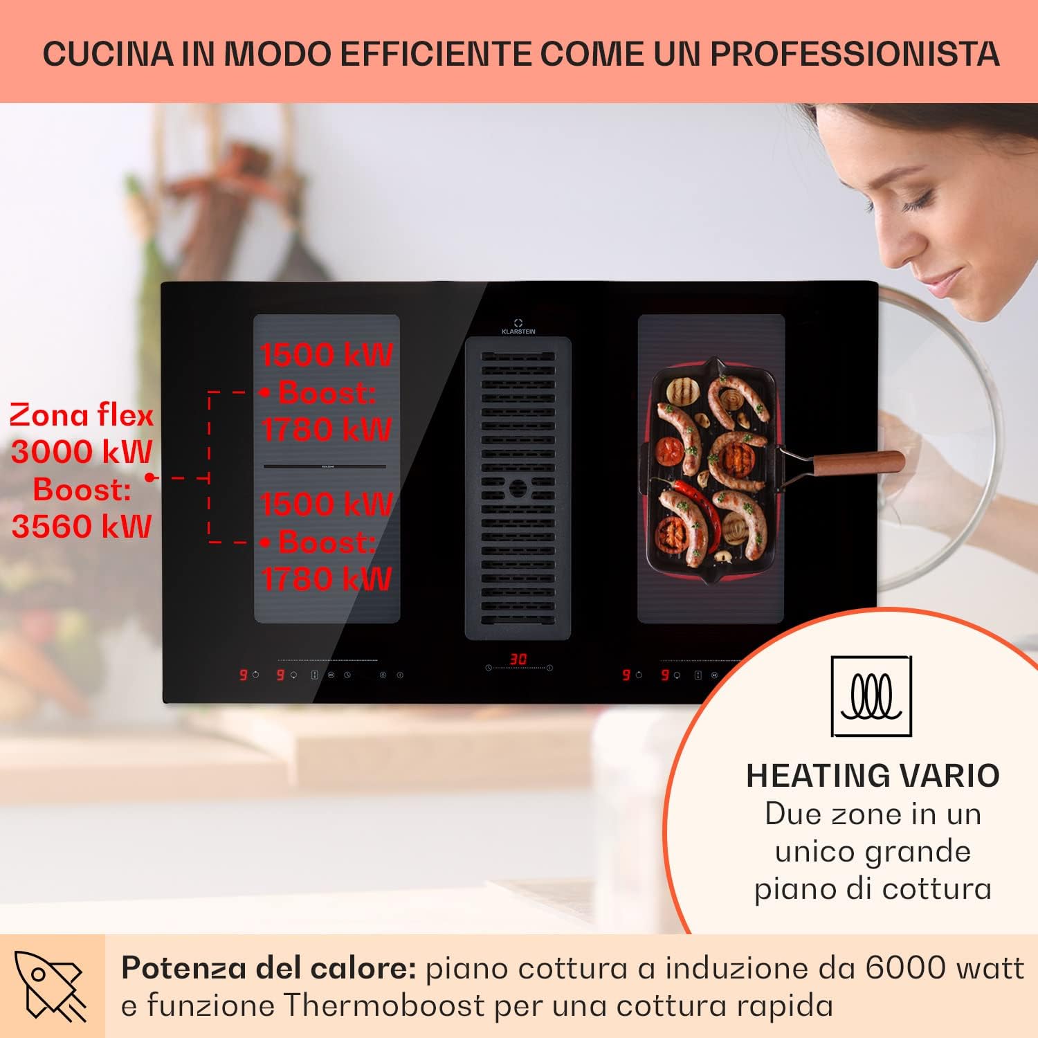 Klarstein 2 in 1 Piastra Induzione in Ceramica e Cappa Aspirante 654m³/h per Cucina a Isola, Piano Cottura 4 Fuochi, Piano Cottura con Controllo Touch, Classe A