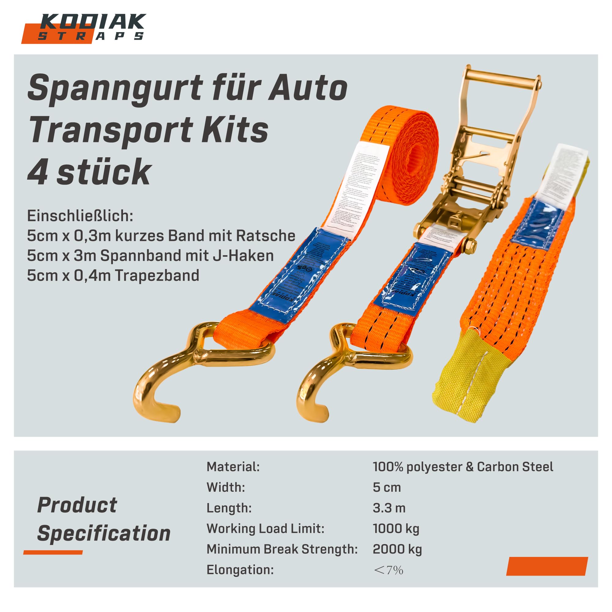 4 Stück Spanngurte für Autotransport | 35 mm Breite | 2000 daN | Zurrgurte für Radsicherung, PKW, Anhänger & NFZ - TÜV G/S Zertifizierte Ratschengurte Nach DIN EN 12195-2 - KODIAK STRAPS