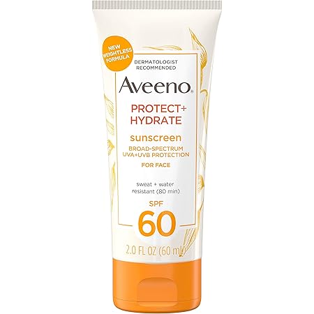 Aveeno Protect + Hydrate Moisturizing Face Sunscreen Lotion With Broad Spectrum Spf 60 & Prebiotic Oat, Weightless & Refreshing Feel, Paraben-free, Oil-free, Oxybenzone-free, 2.0 ounces