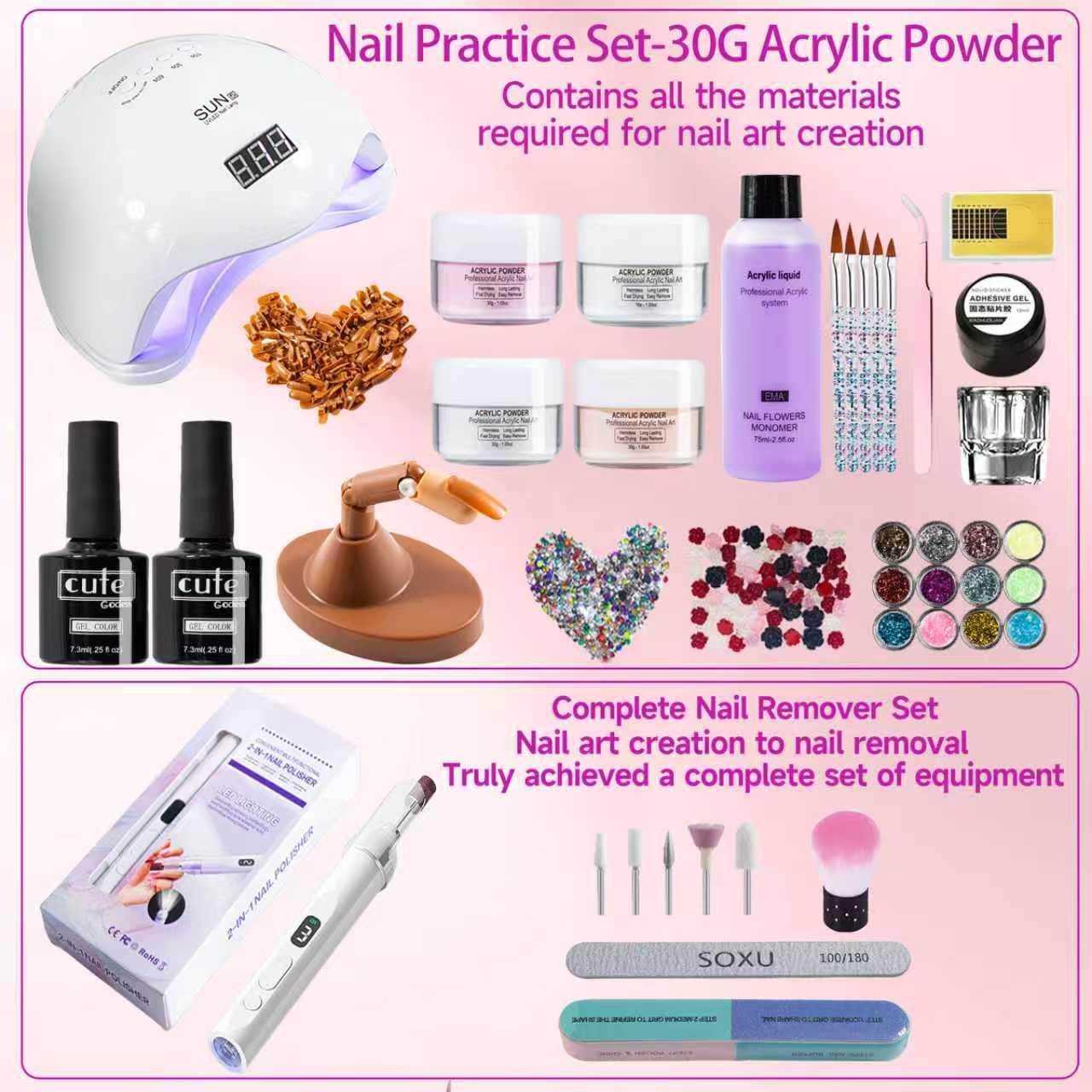 Kit acrilico per unghie in polvere acrilica: grande polvere acrilica per unghie da 30 g in 4 colori, lima elettrica e lampade UV per unghie in gel, liquido acrilico da 75 ml e dito per esercitazione