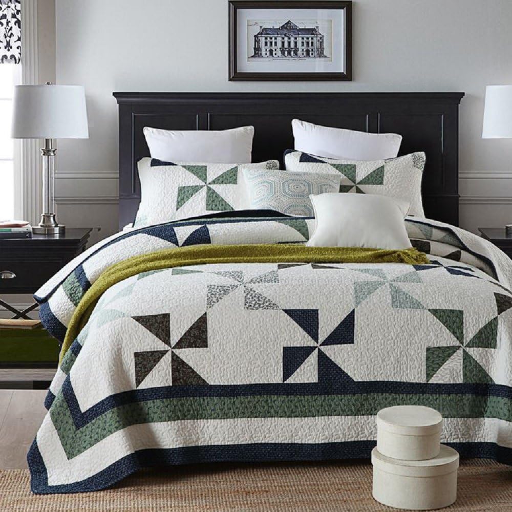 3-Piece Pure Cotton Quilt Set, Patchwork Bedspread Set, Finely Stitched, Coverlet Bed-Cover, King Size