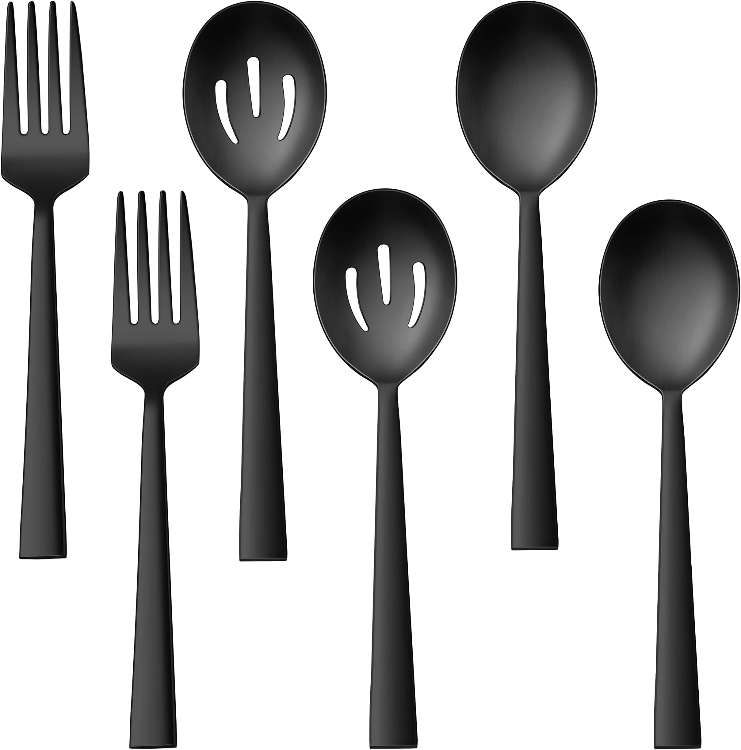 E-far Matte Black Serving Utensils Set of 6, Stainless Steel 8.7 Inch Hostess Serving Set Including MetalSlotted Spoons Forks for Party Buffet Catering, Square Edge & Rust Free