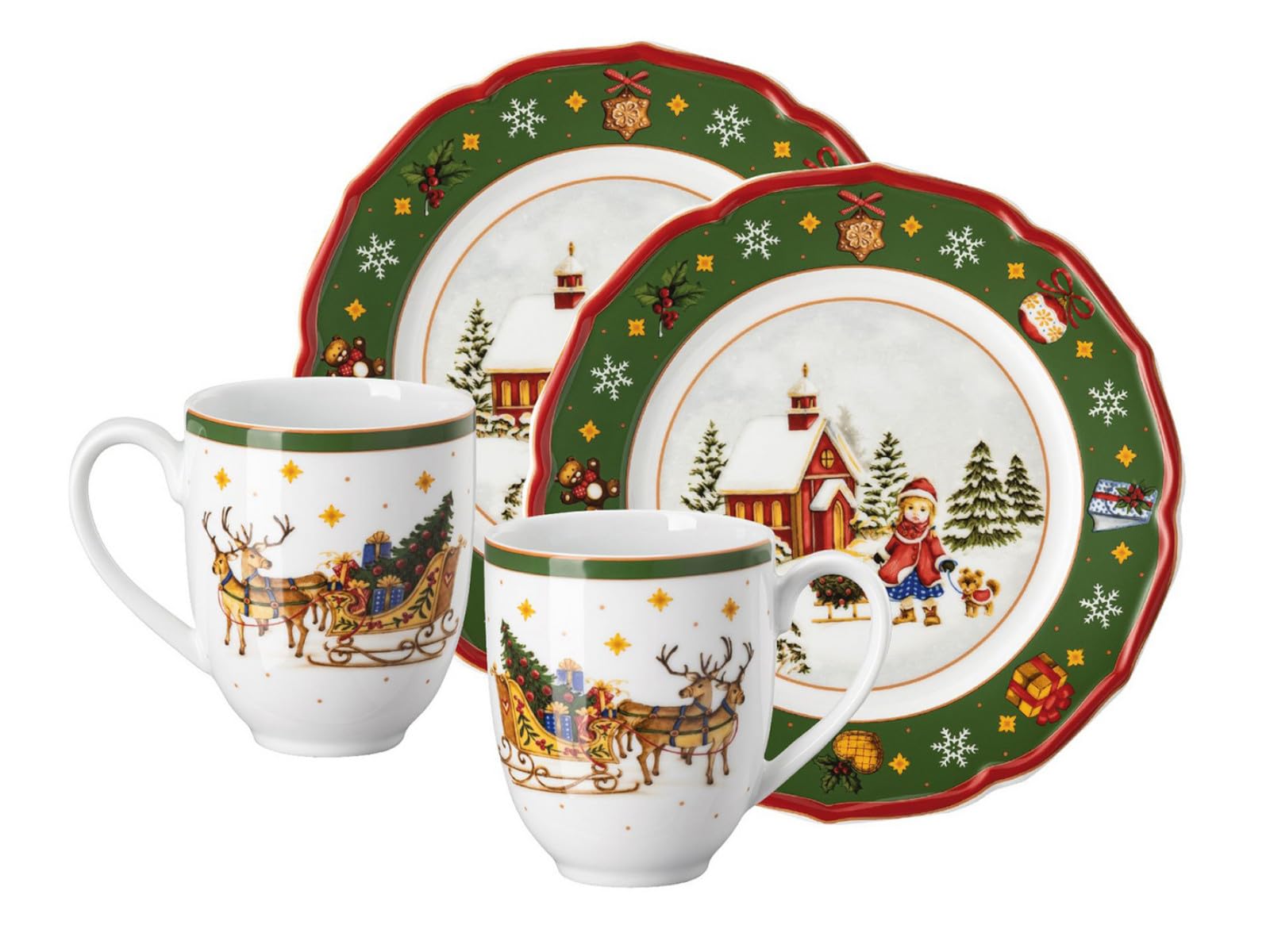 Hutschenreuther grünes Happy Wintertime Christmas Set, Porzellan, Weihnachtsdekoration, Mehrfarbig, 4-teiliges Set mit 2 Weihnachtstassen und 2 Tellern, mikrowellen- und spülmaschinenfest