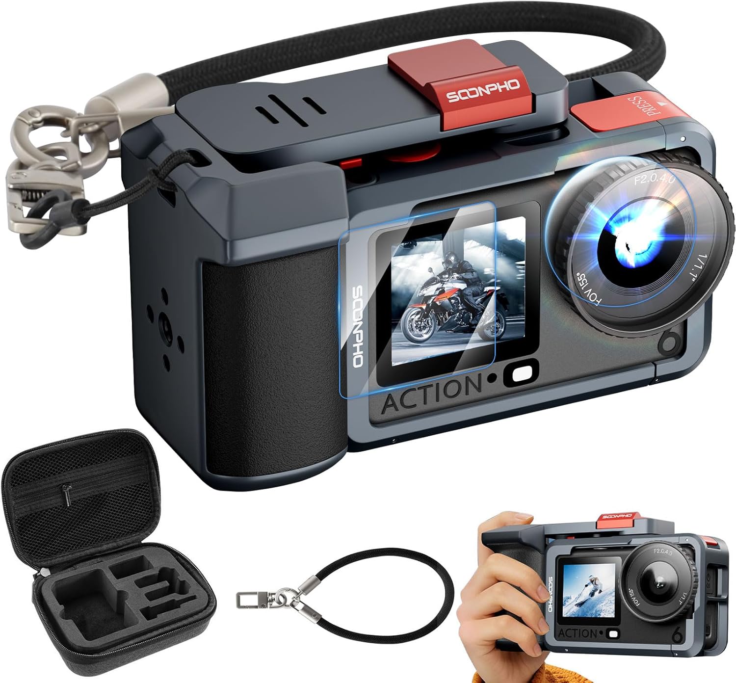 Soonpho Handle Grip Kit for DJI Osmo Action 6 Magnetic Cage Aluminum Alloy Shell Seesaw Shutter Button Cold Shoe ＆ 1/4" Thread Quick Battery Access with Wrist Strap Storage Bag Screen Protector(Gray