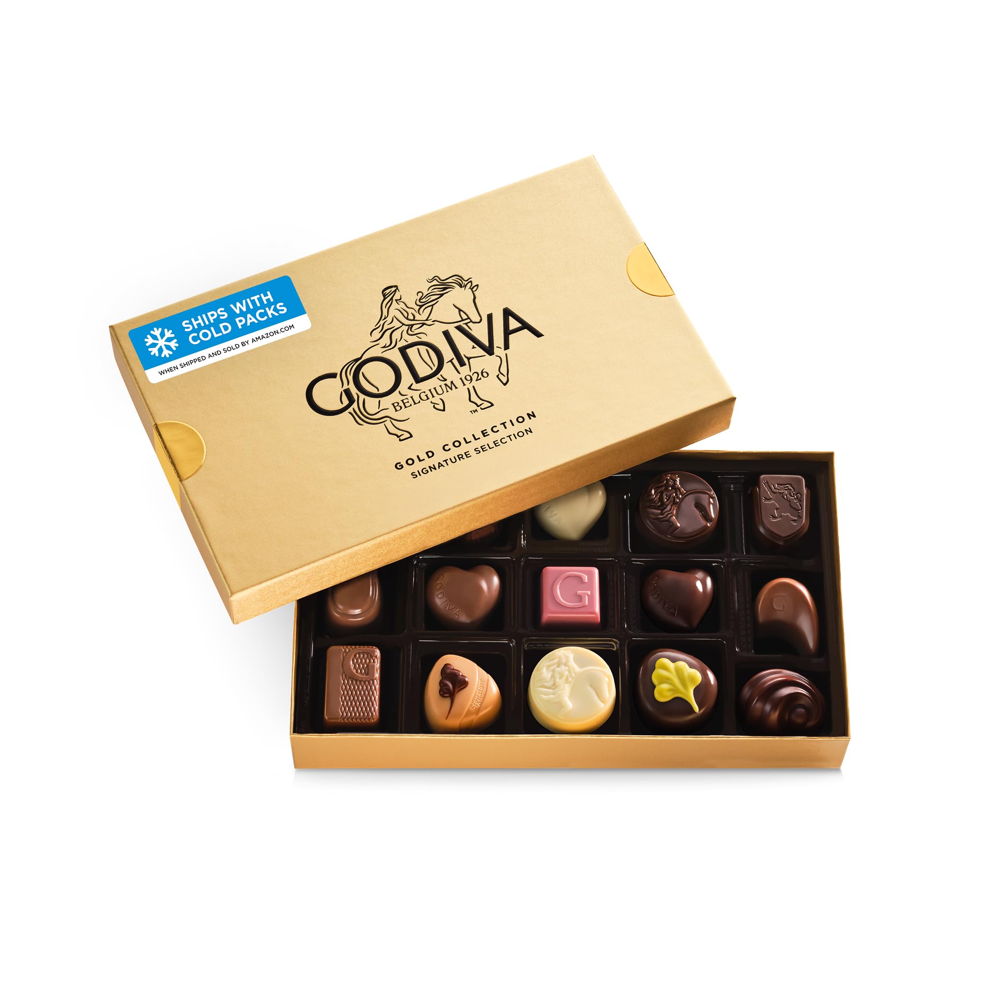 Godiva Gold Assorted Chocolate Gift Box, Belgian Dark and Milk Chocolates with Pralinés, Ganaches & Caramels, Gourmet Gift for Birthdays, Holidays, Kosher, 15 Pc