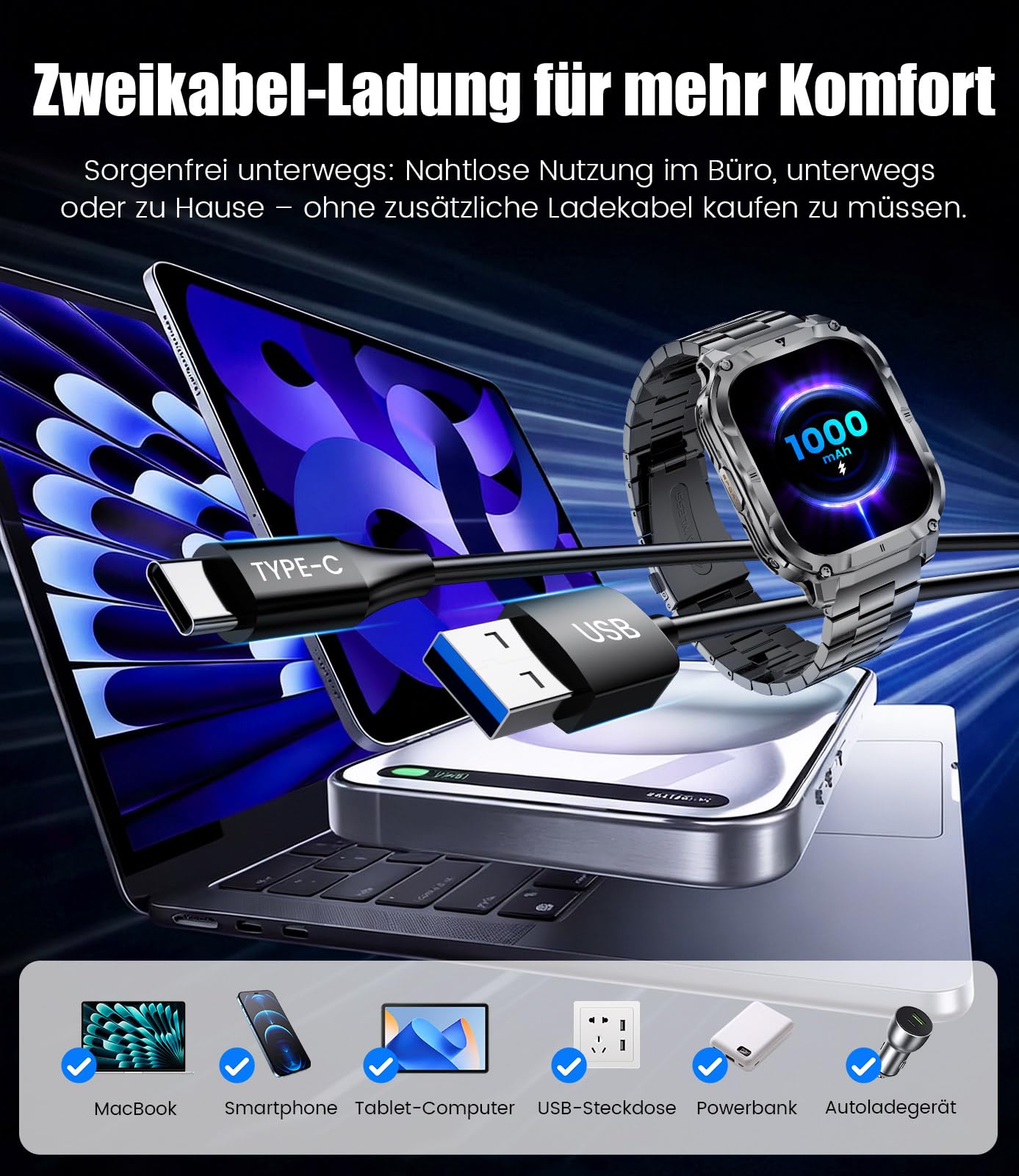 LIGE Militär Smartwatch Herren mit 1000mAh Akku/Telefonfunktion, 2.0" HD Touchscreen Fitnessuhr mit Herzfrequenz/Schlafmonitor/200+ Sportmodi, IP68 Wasserdicht Sportuhr für Android iOS, 3 Armbändern