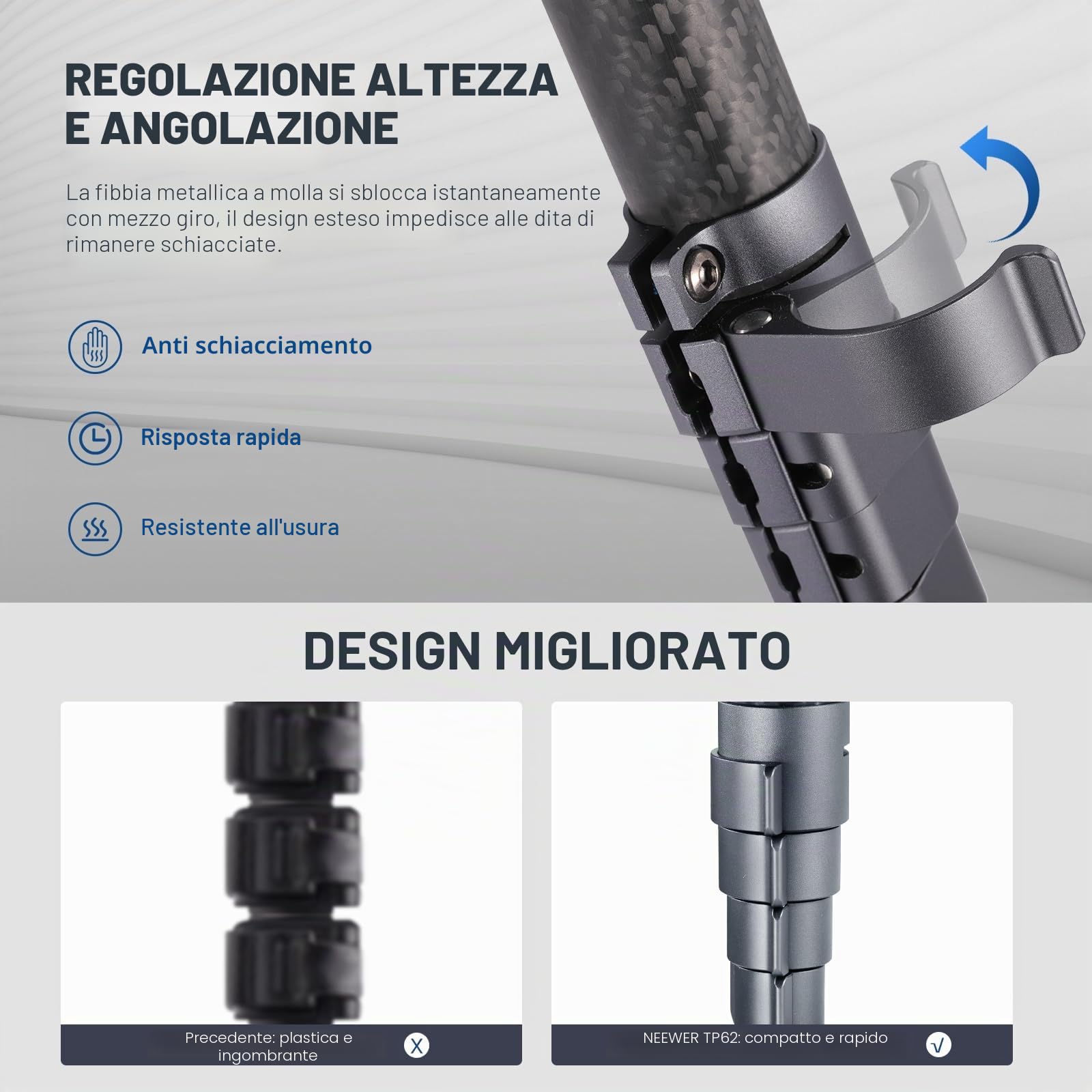 NEEWER Treppiede da Viaggio 62" Fibra di Carbonio con Livellamento ±15°Testa Pan 360°, Colonna Centrale Staccabile, Rilascio Rapido Arca Compatibile con Peak Design Piastra Treppiede Capture V3,TP62