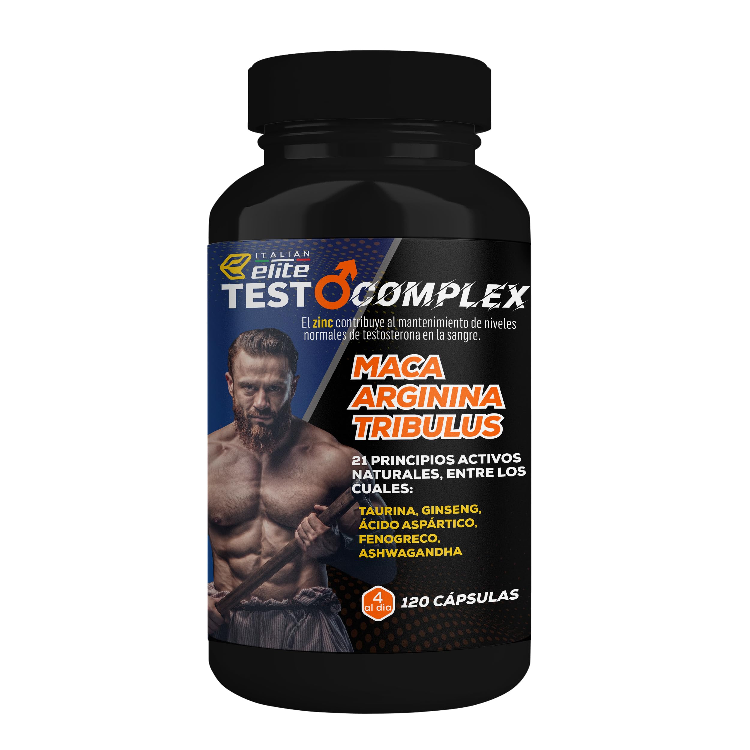 Italian Elite Testo Complex 120 Cápsulas - Fórmula con Maca 8000 mg, Tribulus, Fenogreco, Zinc, Arginina, Taurina, Ashwagandha, Vitaminas y Minerales