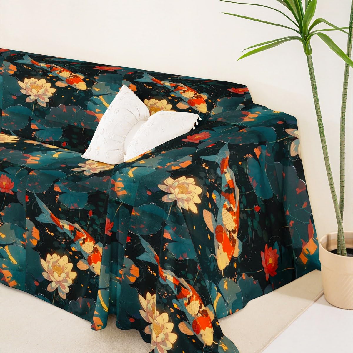 Homewish Uroczy pokrowiec na kanapę z rybą koi lilie wodne pokrowiec na sofę japońskie zwierzę kanapa ochraniacz liście lotosu ochraniacz na sofę, 180 x 300
