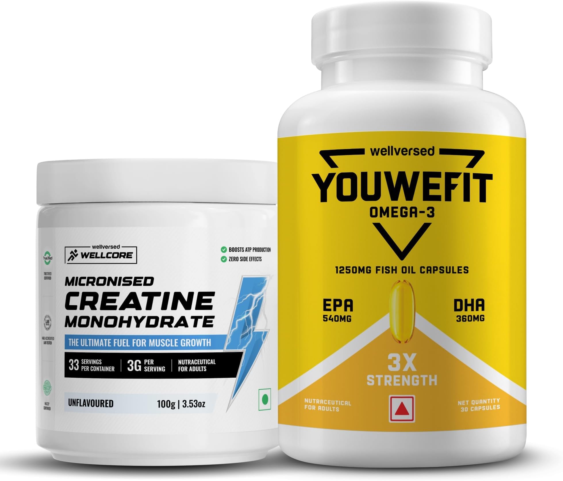 Wellcore Creatine with Omega 3 Capsules Triple Strength (Creatine 100g Unflavoured & 30 Capsules Omega) | 1250mg Triple Strength | EPA + DHA | Enhanced Muscle Strength |