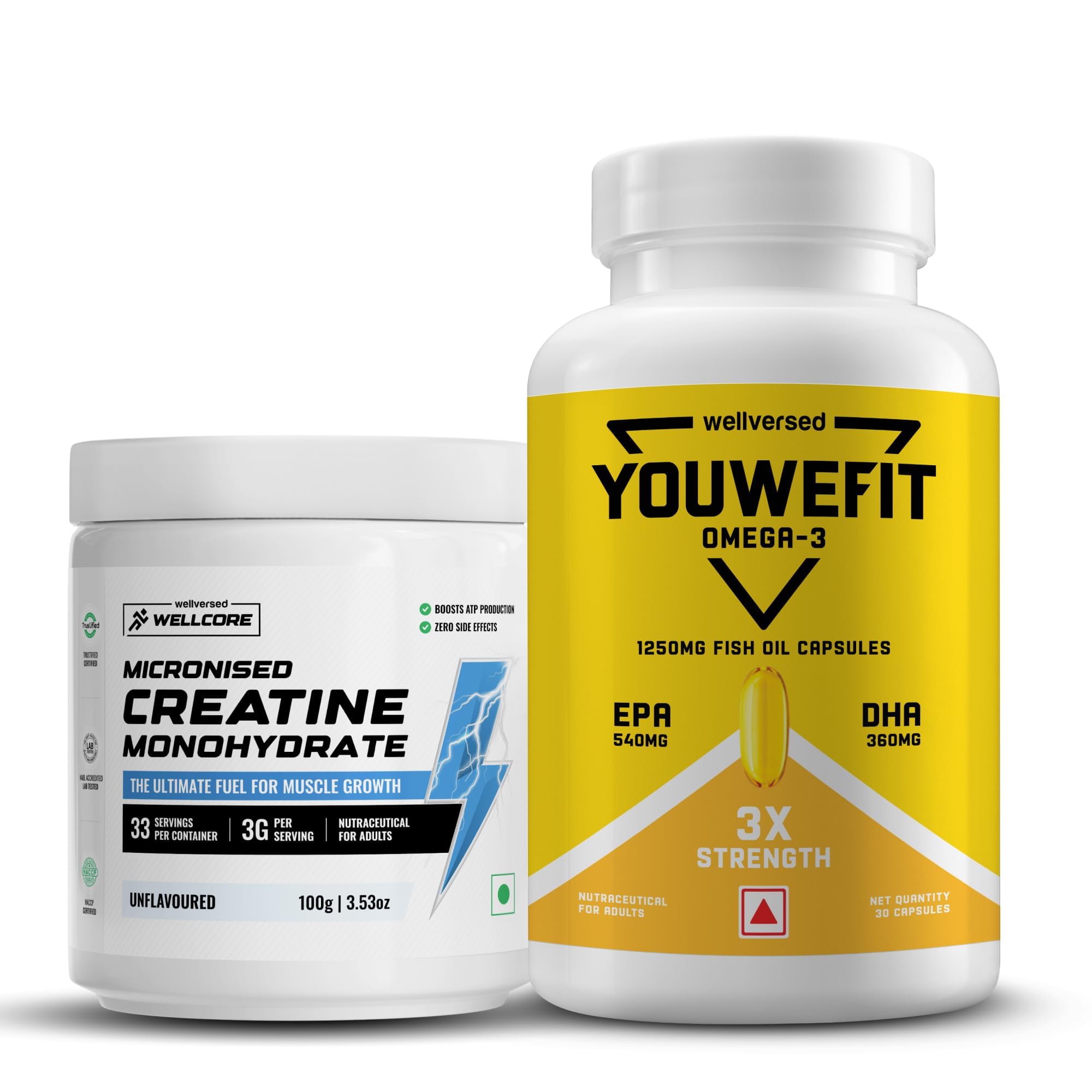 Wellcore Creatine with Omega 3 Capsules Triple Strength (Creatine 100g Unflavoured & 30 Capsules Omega) | 1250mg Triple Strength | EPA + DHA | Enhanced Muscle Strength |