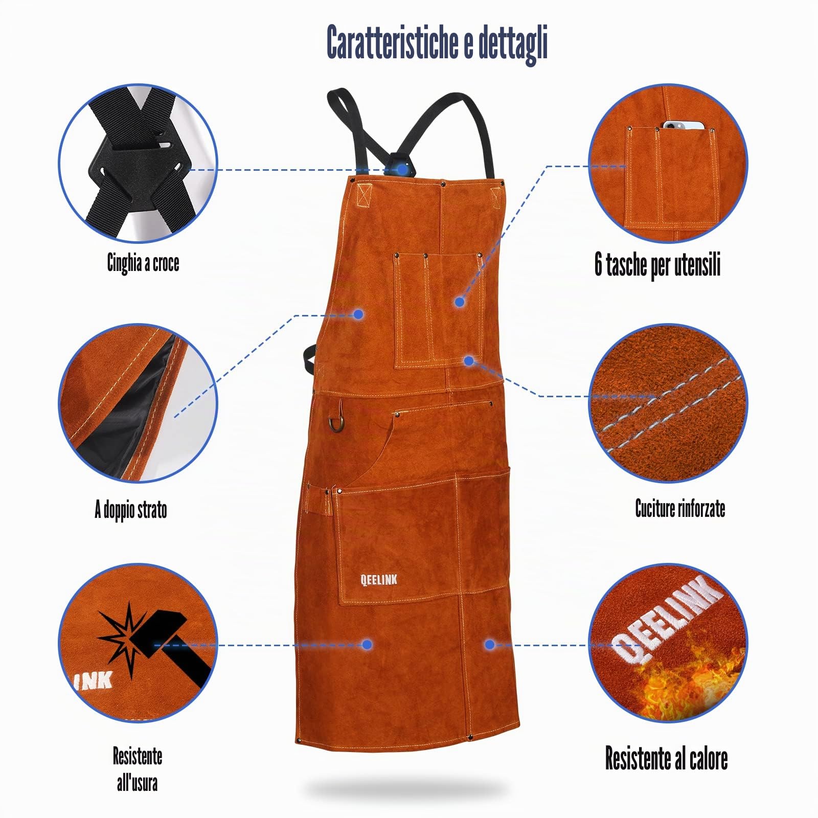 QeeLink Grembiule Saldatore in Pelle Resistente al Calore, Grembiule per Falegname con 6 Tasche, Grembiuli da Lavoro per Uomo Regolabile da M a XXXL per Fabbro, Carpentiere
