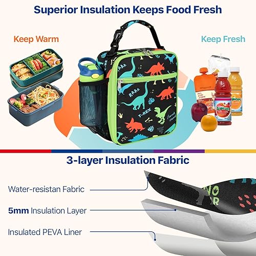 Miniatura 4 de Bagseri Bolsa de almuerzo para niños con correa para el hombro, bolsa de almuerzo aislada para niños con soporte para botella de agua, bolsa de