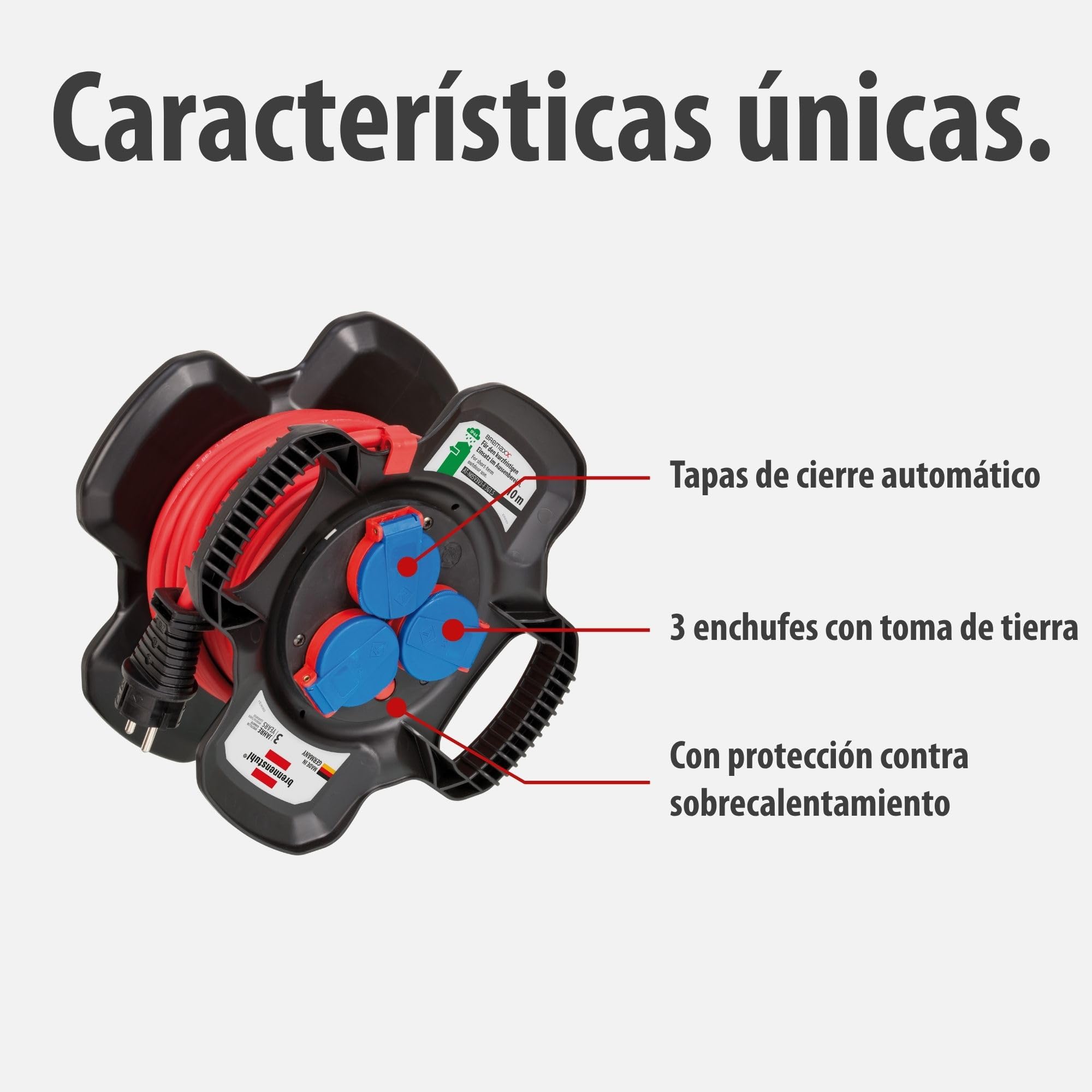 Brennenstuhl enrollacables X-Gum con 3 tomas de corriente, alargador enrollable de cable 10 m (uso en exteriores, irrompible, fabricado en alemania)