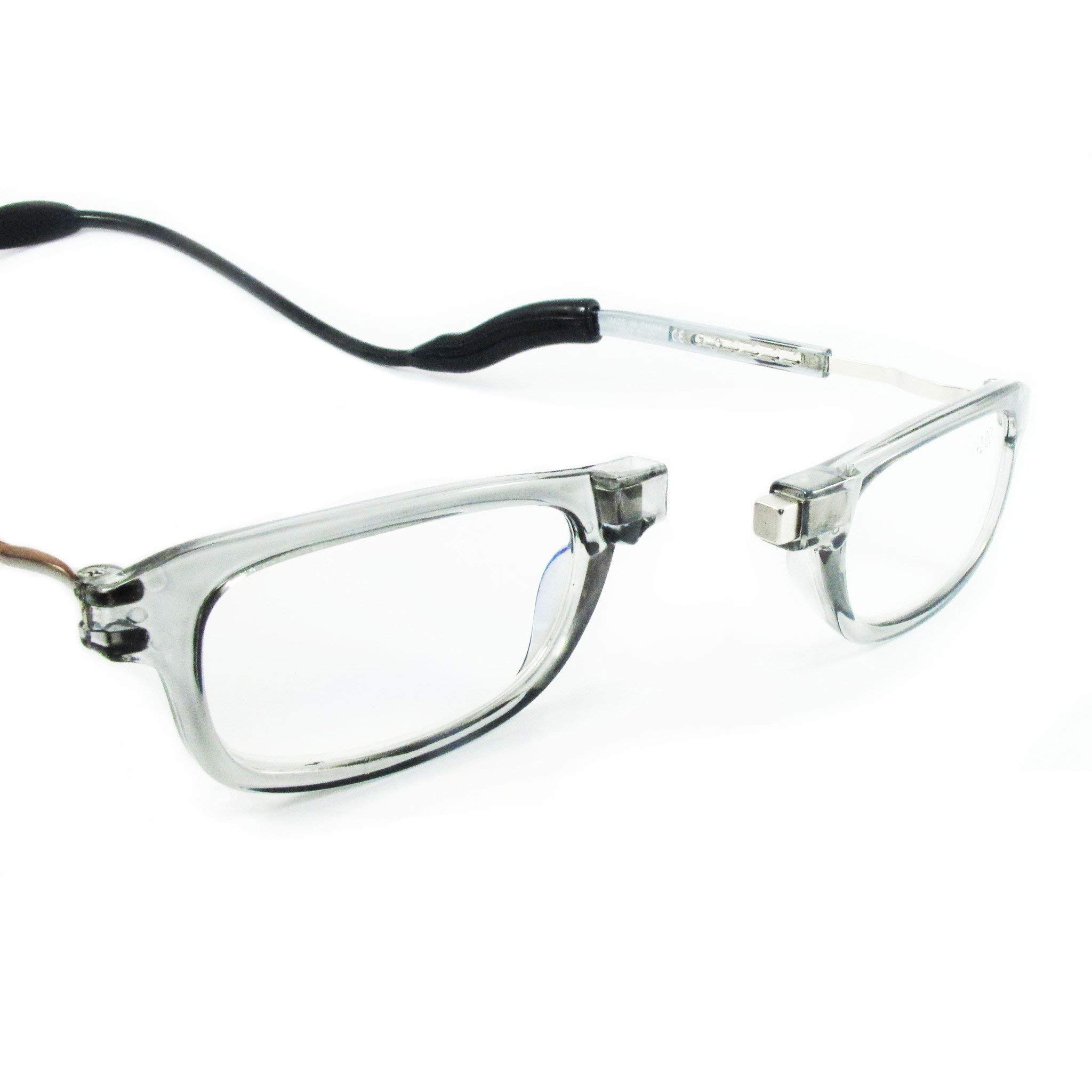 Loopies Occhiali da lettura magnetici, unisex, regolabili, pieghevoli, con attacco frontale, resistenti ai raggi UVA, antigraffio, custodia e panno, Grigio
