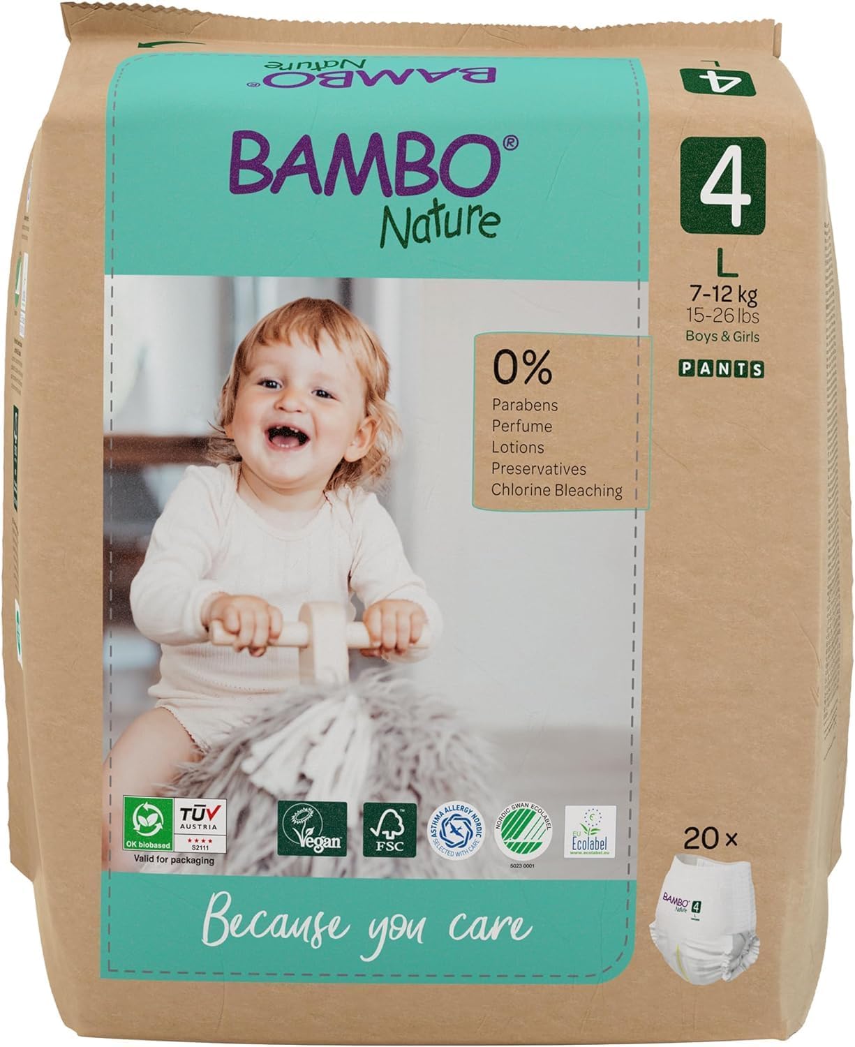 Bambo Nature Premium Training Pants, Size 4 (7-12kg), L, 20PK, Pull Ups, Pull Ups, Eco-Labelled Potty Training Nappy Pants, Secure, Comfortable, Discreet for Active Day and Comfy Night's Sleep