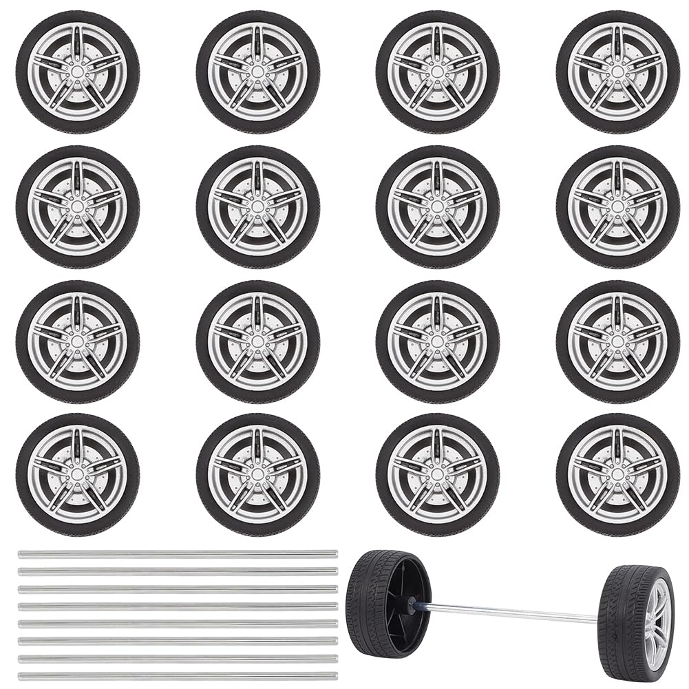 ORIGACH 16Pcs Toy Car Wheels 40mm Plastic Wheels with 8Pcs Shaft Round Rod Axles Shaft Plastic Wheels for RC Car Truck Robot DIY Model Toy Parts