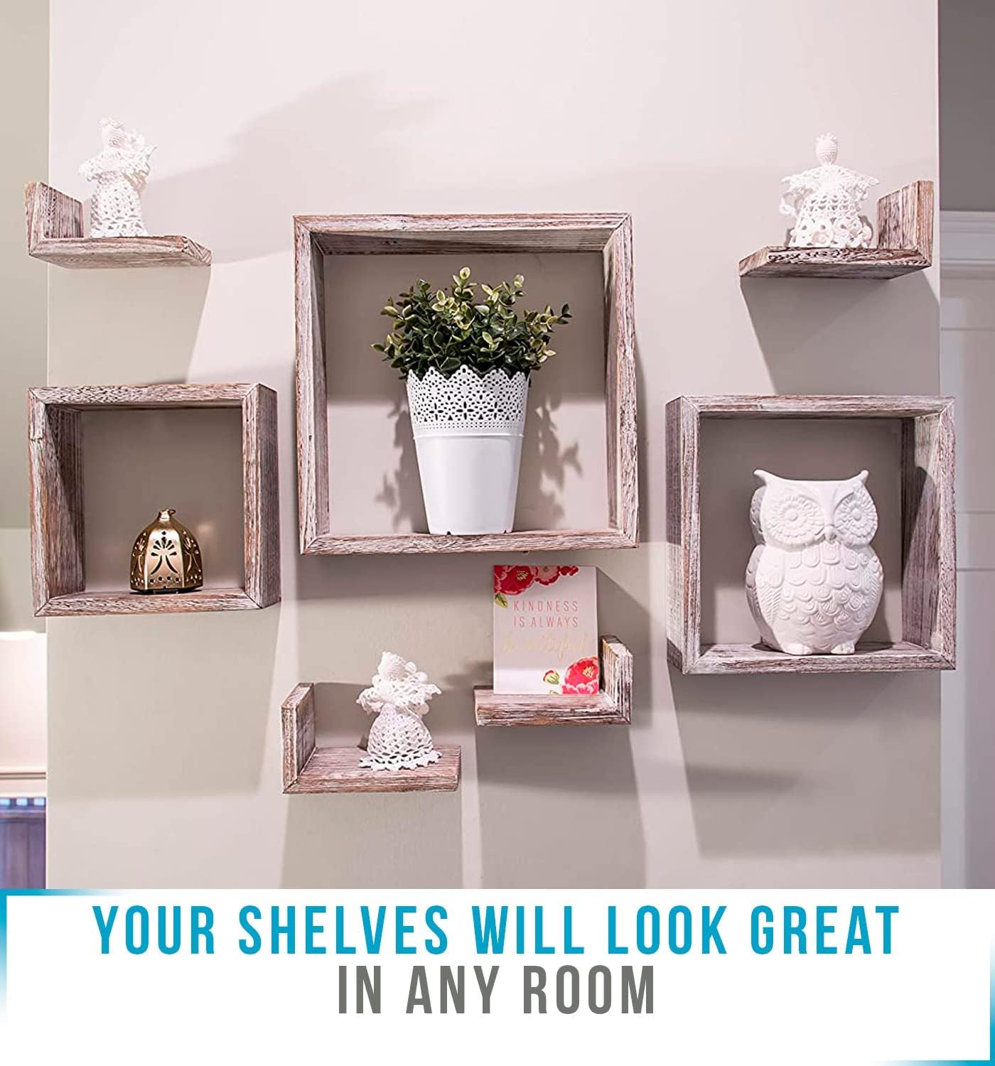 Comfify Rustic Wall Mounted Square Shaped Floating Shelves – Set of 7 – 3 Square Shelves and 4 L-Shaped Rustic Shelves – Screws and Anchors Included – Rustic Wall Décor - Rustic White