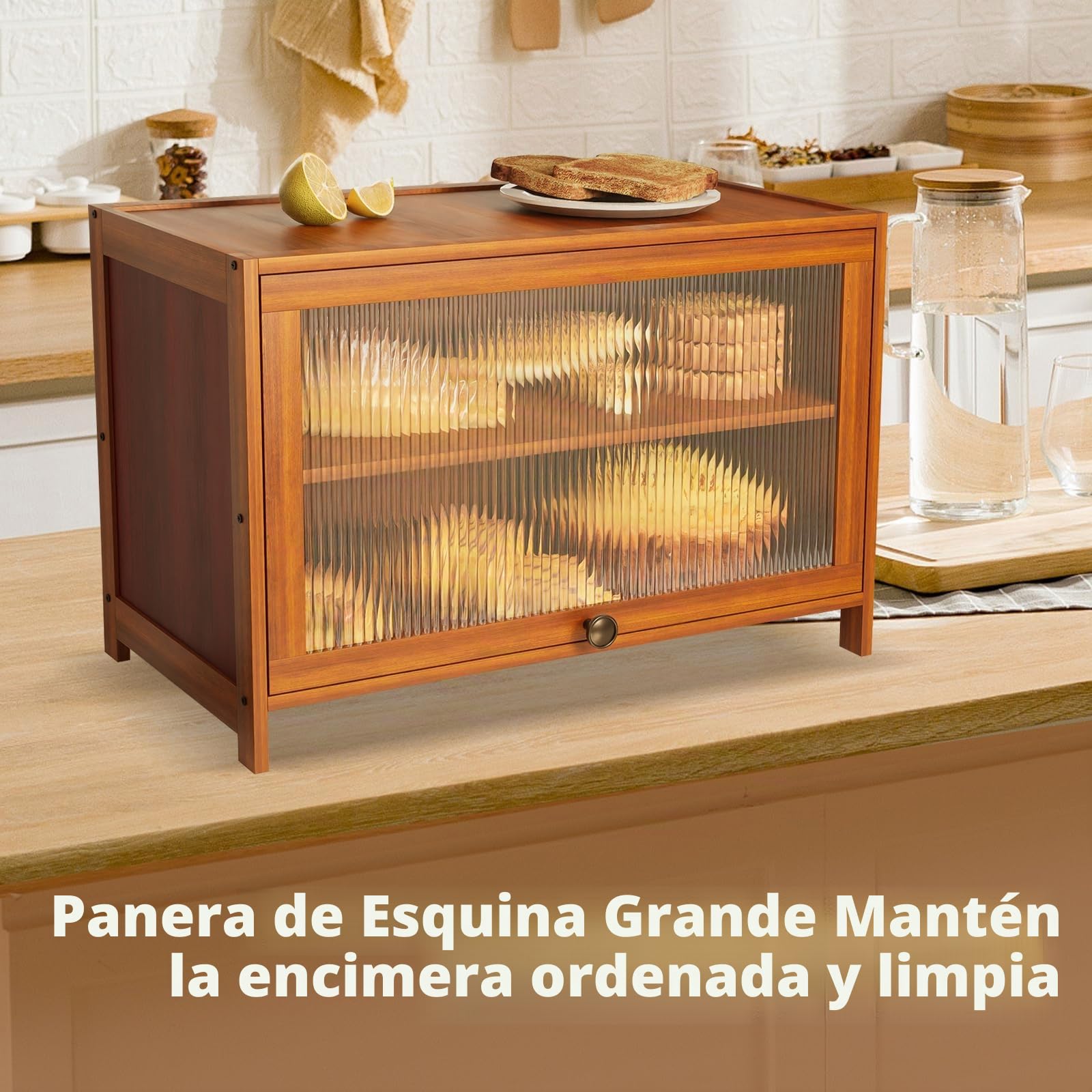 Panera de bambú, 2 niveles, 60 × 32 × 40 cm, caja de almacenamiento de pan con puerta de acrílico, para panes y panes
