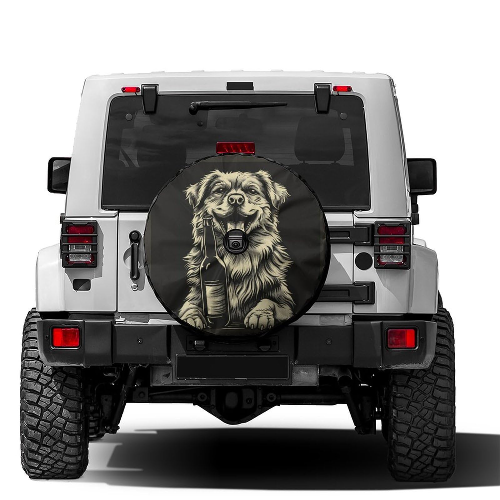 Dujiea Happy Dog with A BottLe Spare Tire Cover with Backup Camera Hole, Universal Wheel Tire Cover Tire Protectors for Trailer RV Van SUV Truck Camper and Many Vehicle 16inch