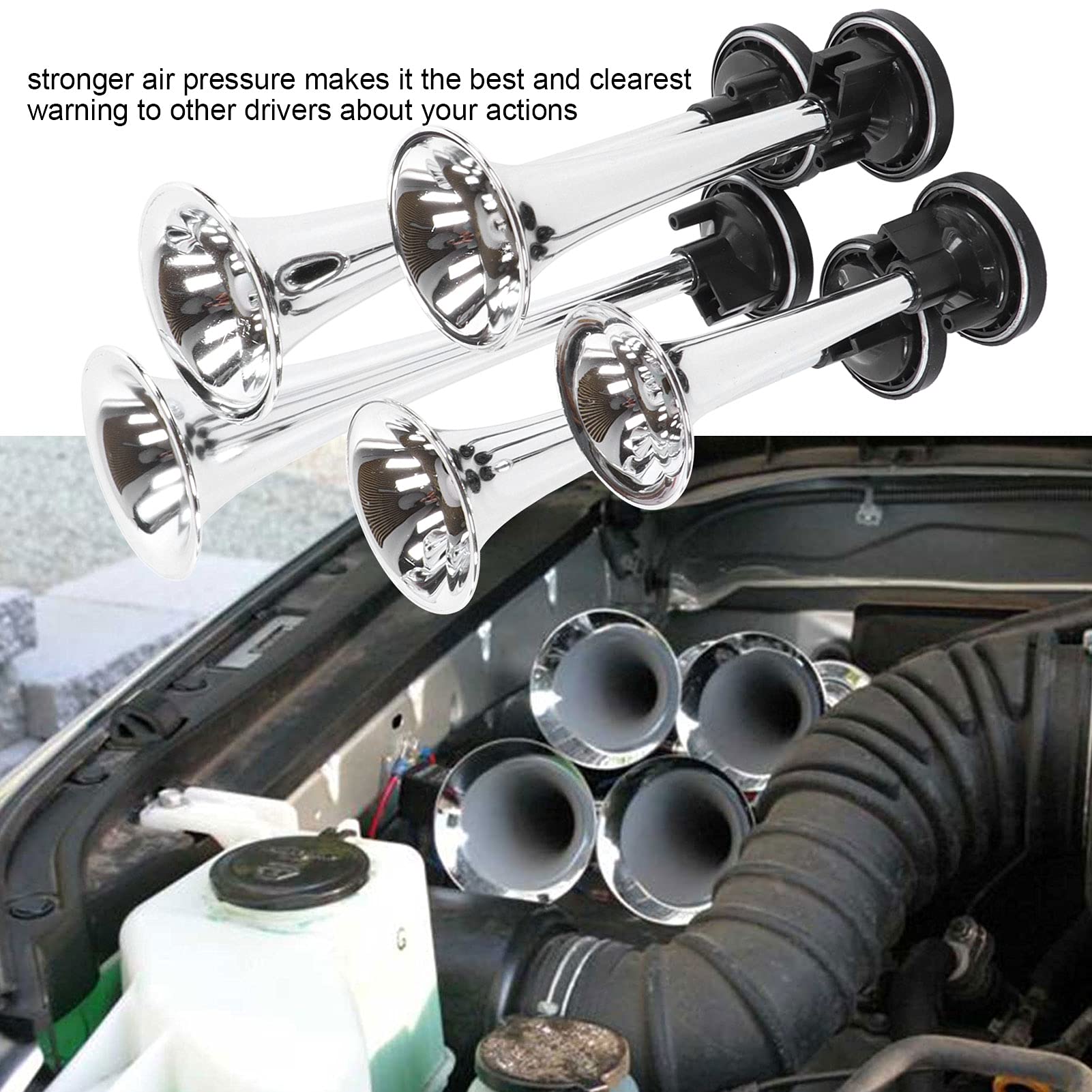 Avvisatore Acustico per Auto da 5 Pezzi Aggiornato 130 DB 12 V con Compressore D'aria Musica Jazz, Adatto per Camion, Autobus, Barche