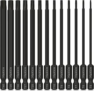 Torx Bit Set Hakkin 13Pcs Phosphate Treatment 100mm Long Torx Screwdriver Bit Set Tamper Proof Star Bits S2 Steel Security Torx Bits 1/4” Hex Shank Magnetic T5-T40 Long Torx Bits