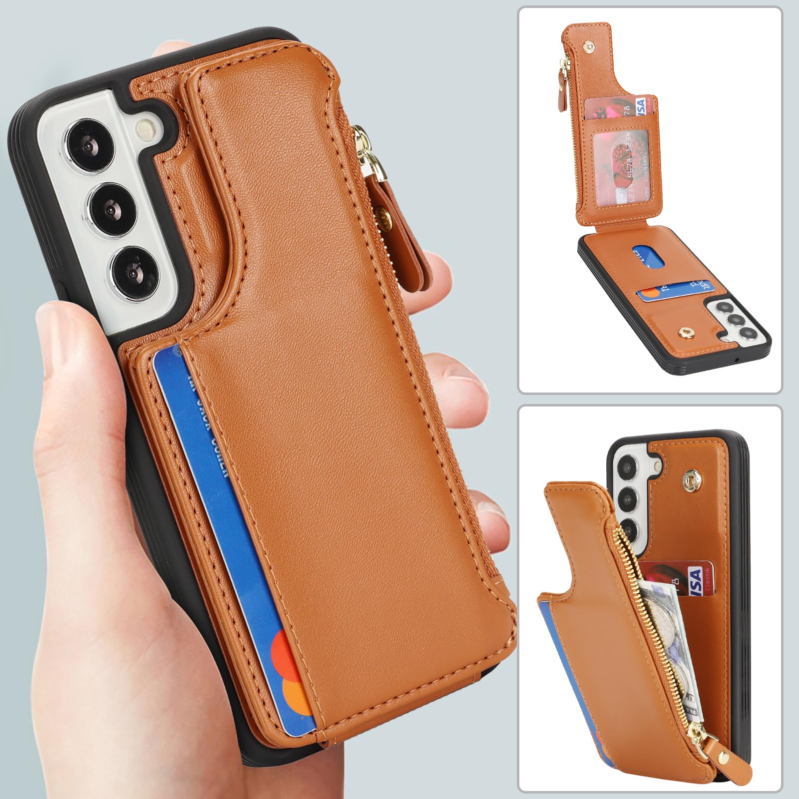 SailorTech per Samsung Galaxy S22 Custodia per telefono con porta carte di credito per uomo, Samsung S22 Custodia con slot per carte di credito Portafoglio Zipper per donna-Marrone