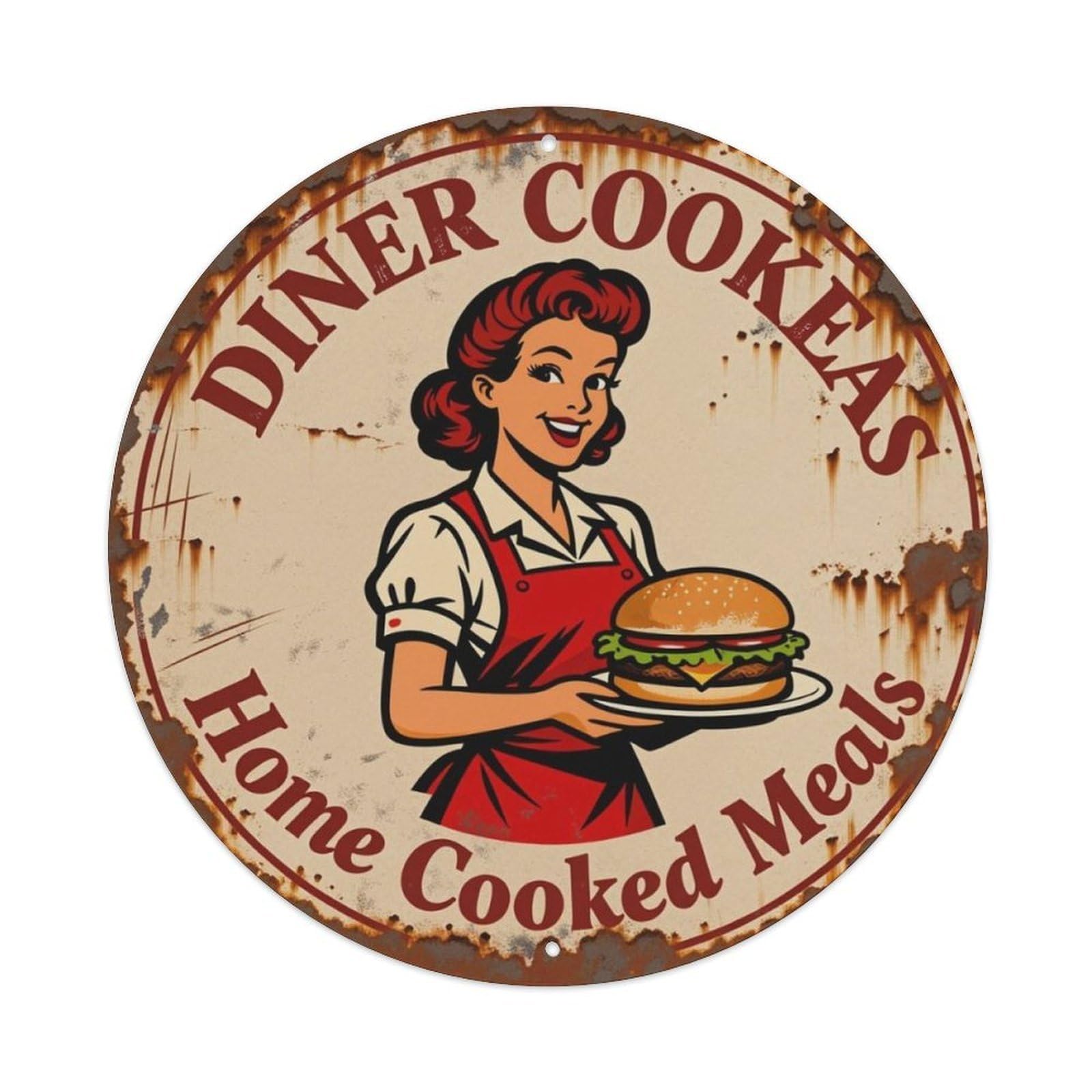 American Retro Diner Waitress Burger Round Decor Sign Vintage Aluminium Metal Sign, Retro Wall Decor for Home, Bar, Garage & Farmhouse 20x20cm