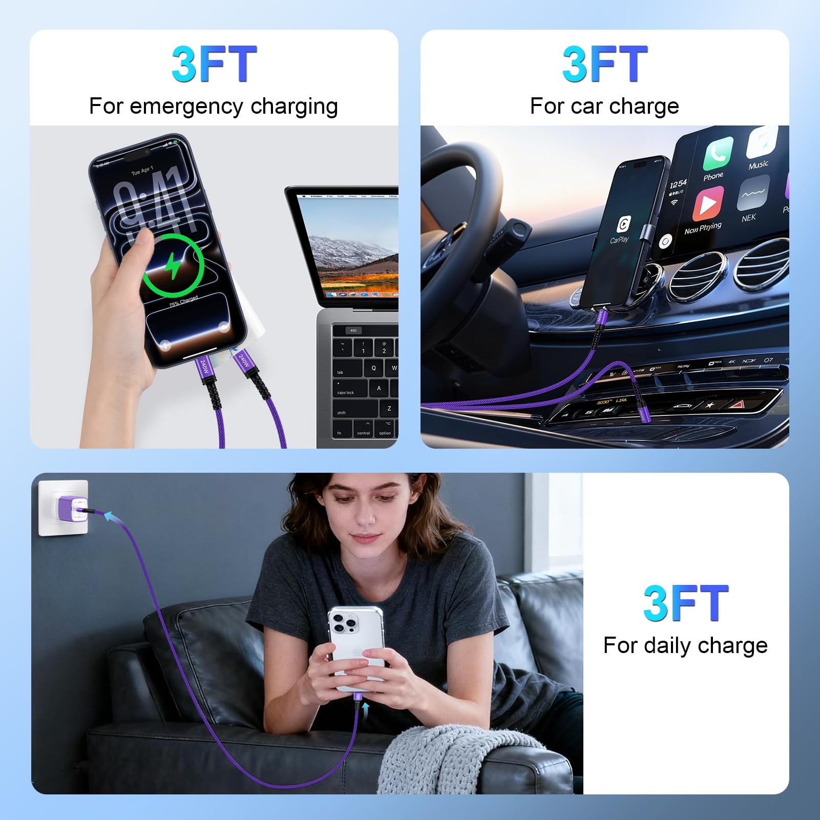 Cable USB C a USB C de 3 pies, cable de carga rápida tipo C de 240 W, cable de carga USB C para Samsung Galaxy S25 FE Plus Ultra A17 Z Fold 7 A16 S24 S23, iPhone 17, Pixel 10, MacBook Pro/Air