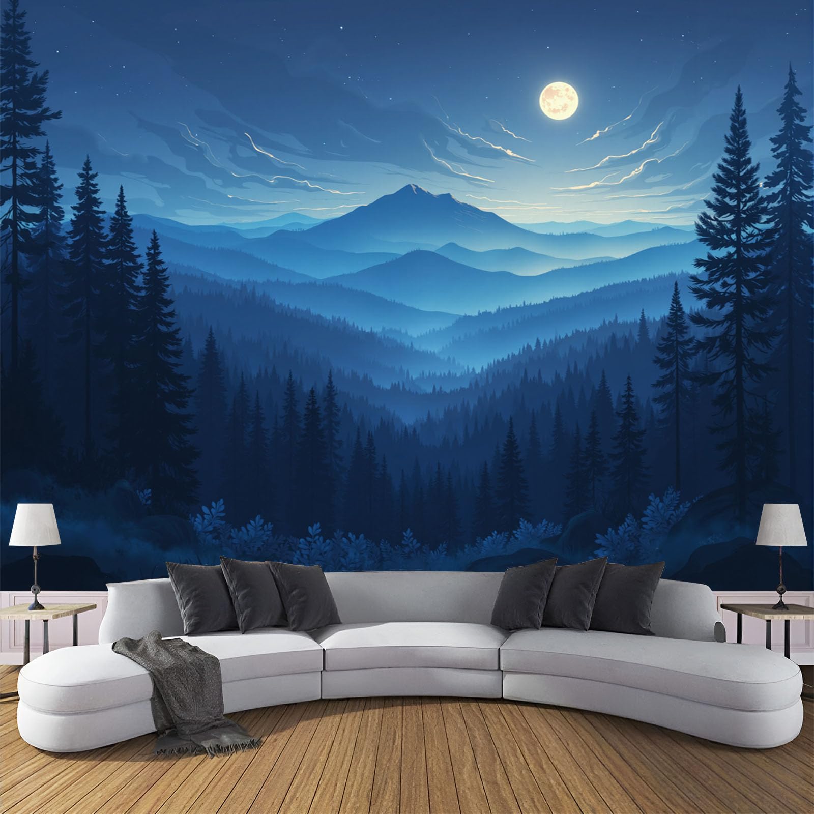 Papier peint panoramique forêt pour créer une ambiance relaxante derrière le canapé du salon